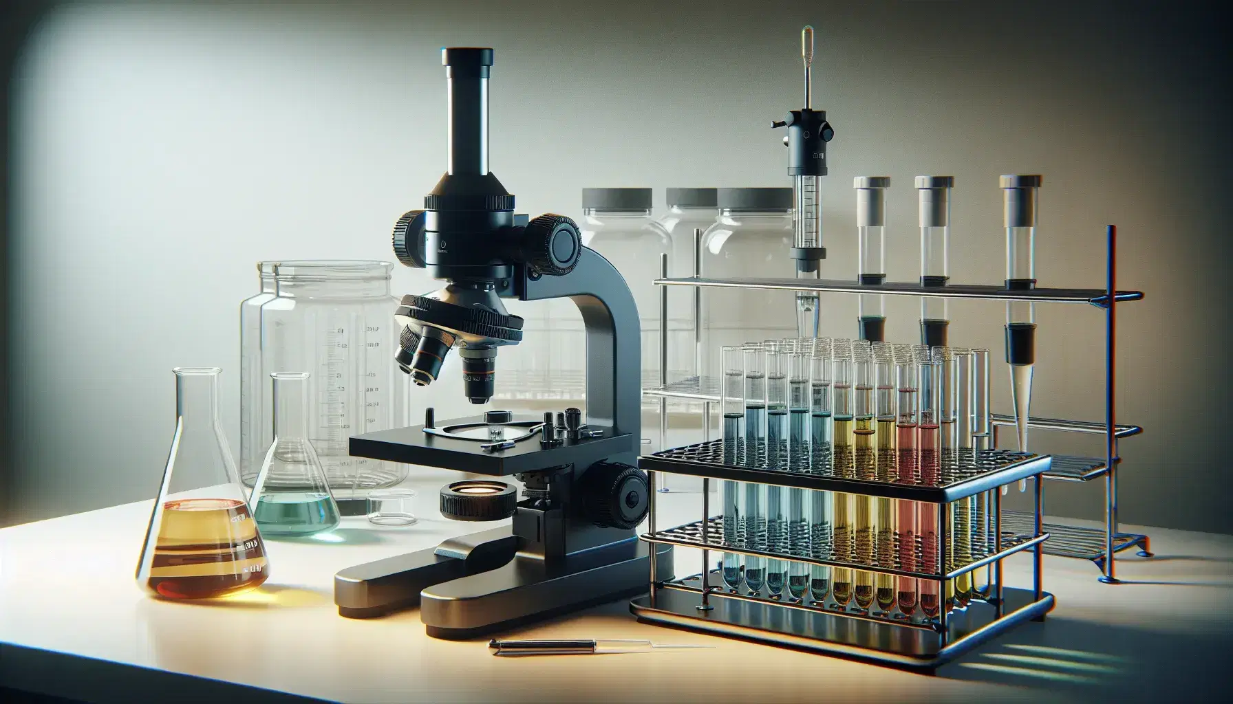 Microscopio óptico en laboratorio con tubos de ensayo de colores, pipeta automática y plato de Petri sobre mesa blanca, en ambiente científico.