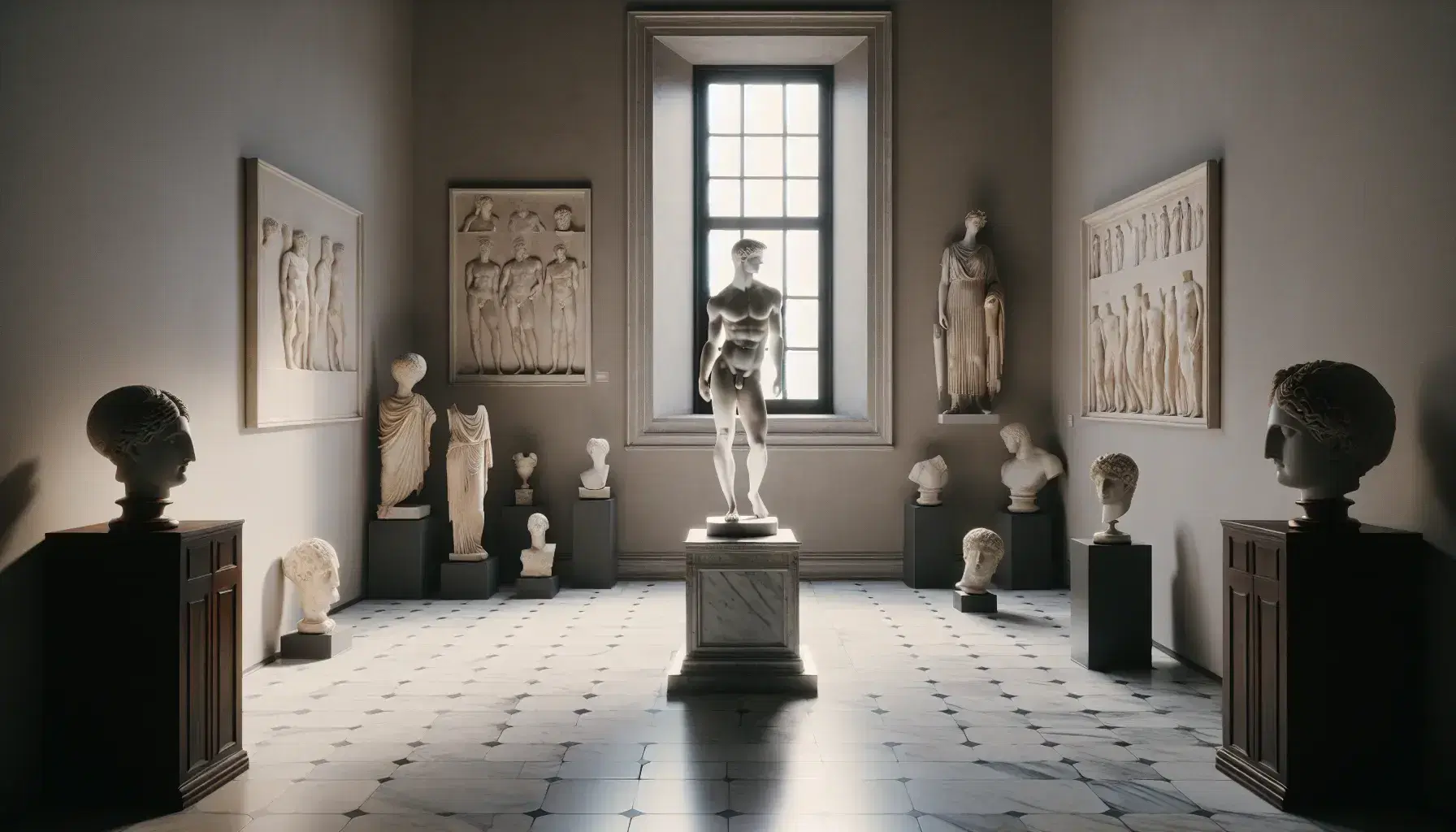 Statua greca classica in marmo di uomo nudo su piedistallo, con frammenti di bassorilievi e sculture in una sala museale illuminata naturalmente.
