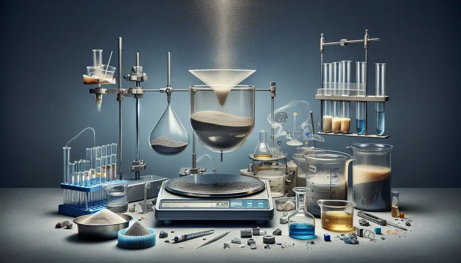 Bilancia analitica con miscela di sale e sabbia, provette con liquidi colorati, imbuto con filtro e agitatore magnetico in laboratorio scientifico.