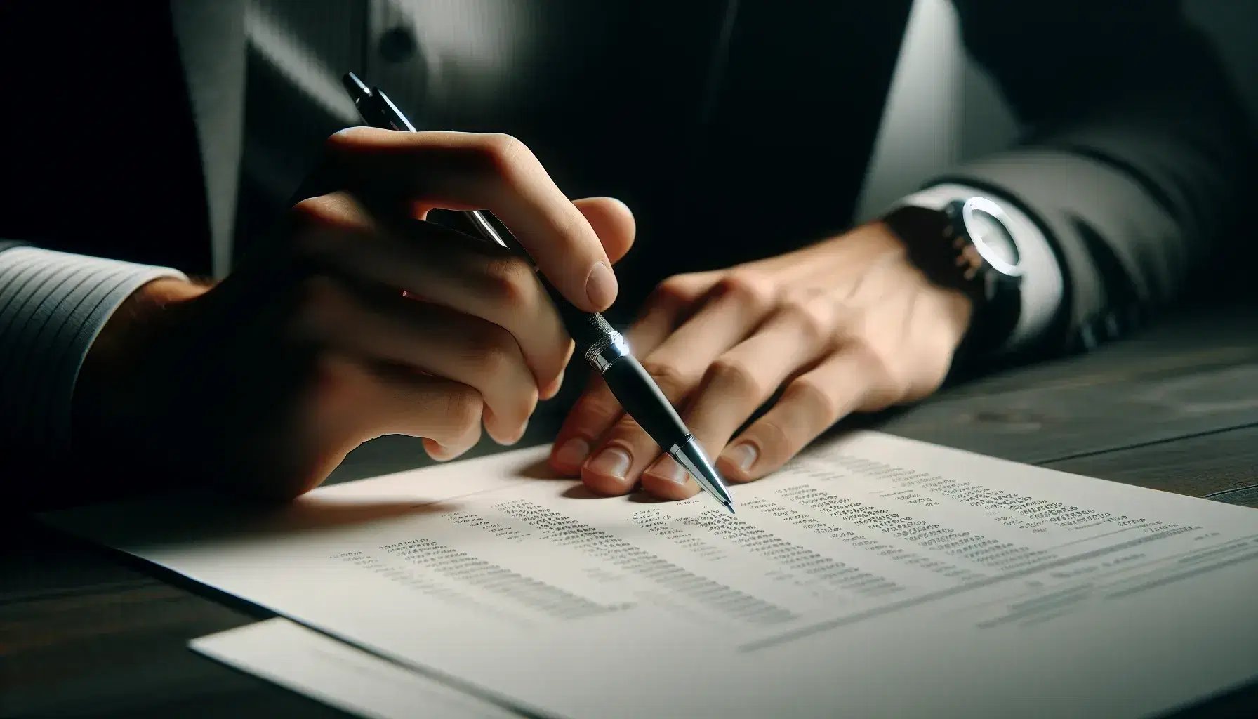 Close-up view of hands reviewing financial document with pen on dark wooden desk, soft lighting accentuating professional office setting.