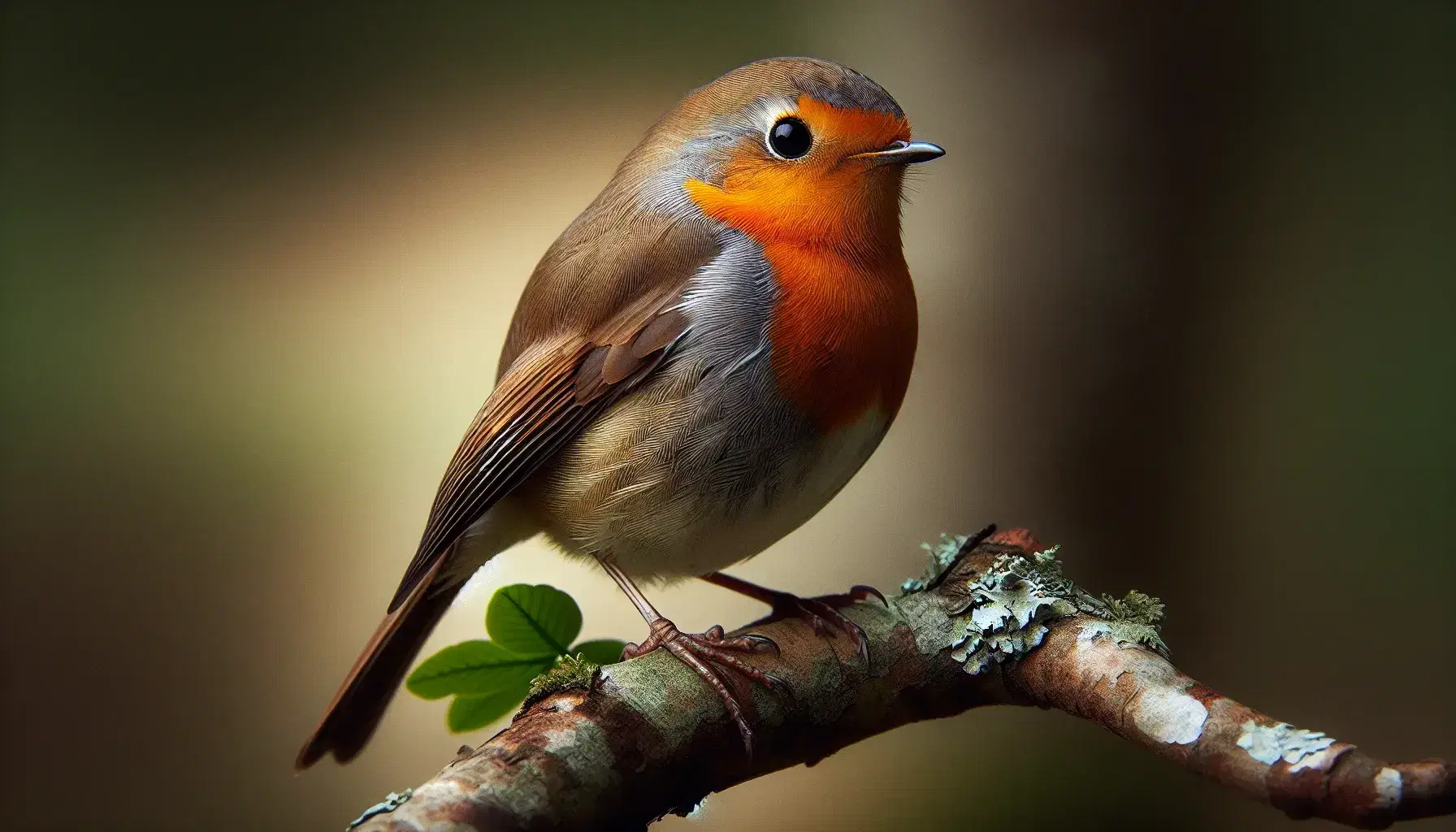 European robin (Erithacus rubecula) on a branch with orange-red breast, surrounded by green leaves and natural blurred background.