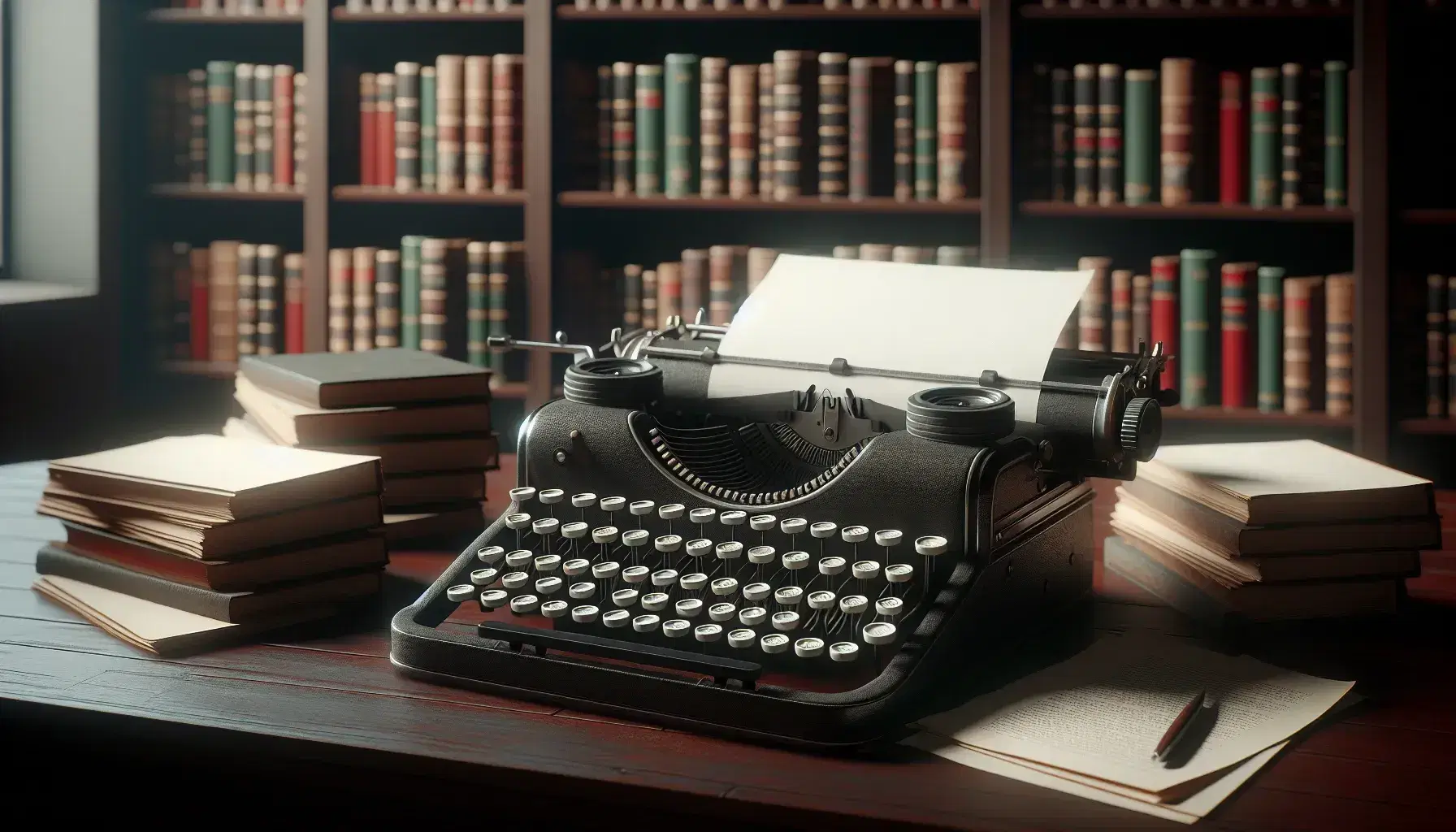 Máquina de escribir antigua con teclas redondas sobre mesa de madera oscura, rodeada de hojas blancas y estantería de libros desenfocada al fondo.