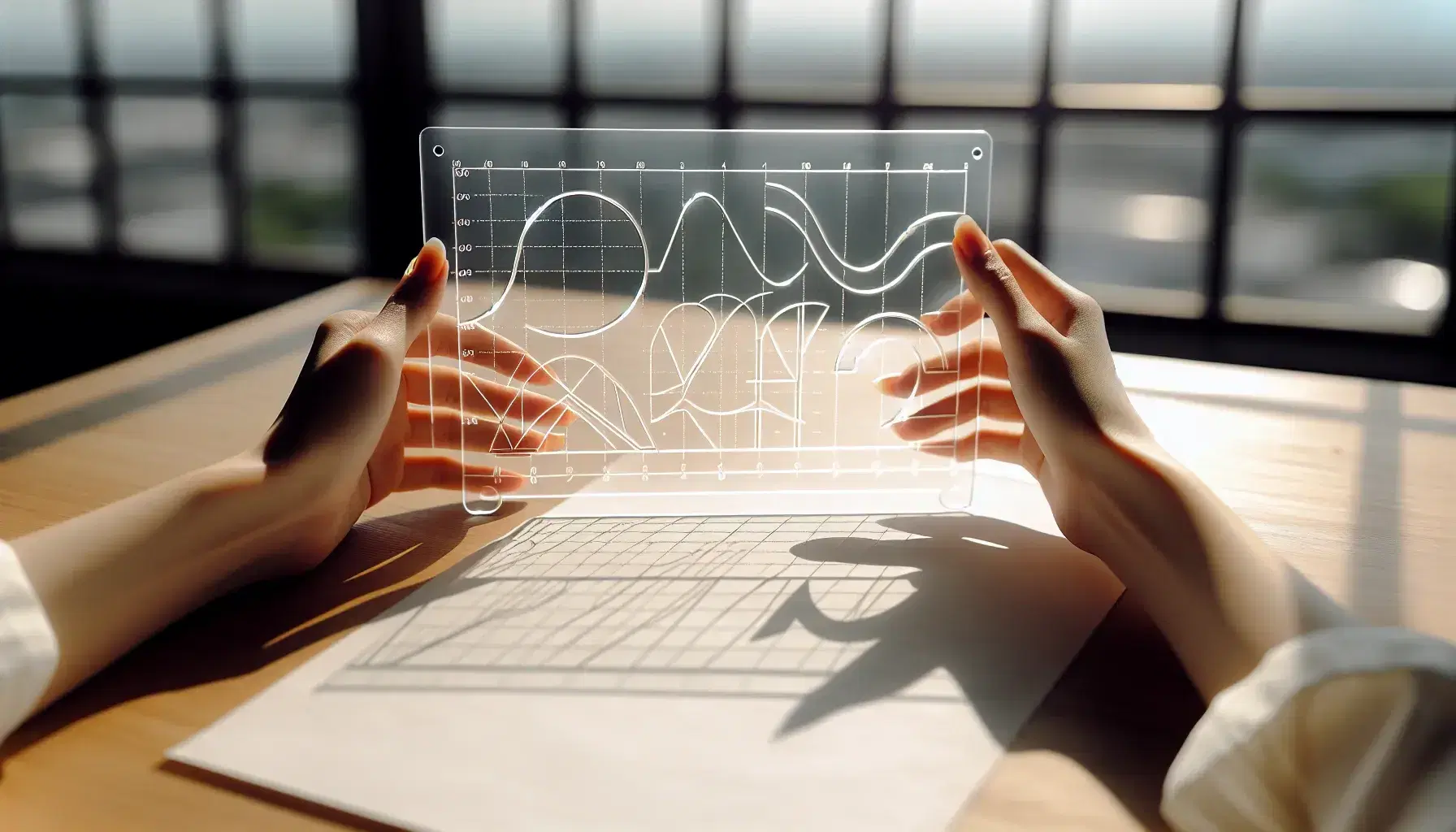 Hands holding a transparent graphing stencil with curves and lines over a white paper on a wooden desk, with a sunlit window and blue sky in the background.