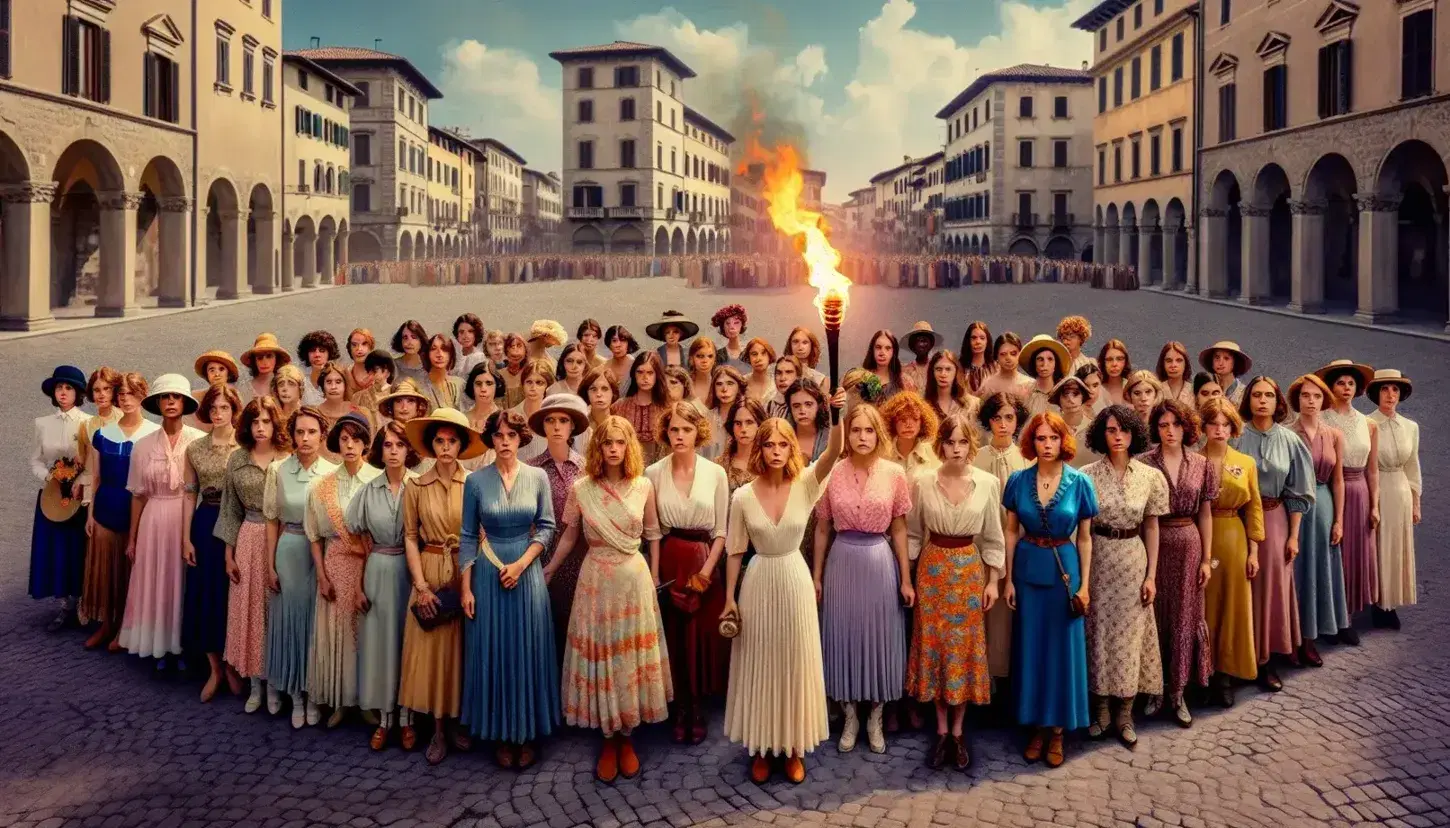 Gruppo variegato di donne in cerchio con abiti storici e moderni, una tiene una torcia accesa, in piazza italiana.