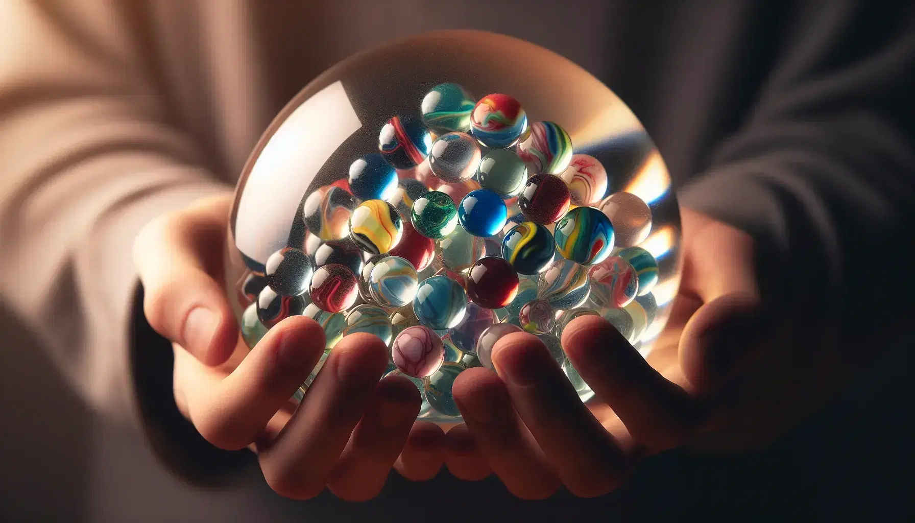 Close-up of hands holding a transparent glass sphere with colorful marbles suspended, on neutral blurred background.