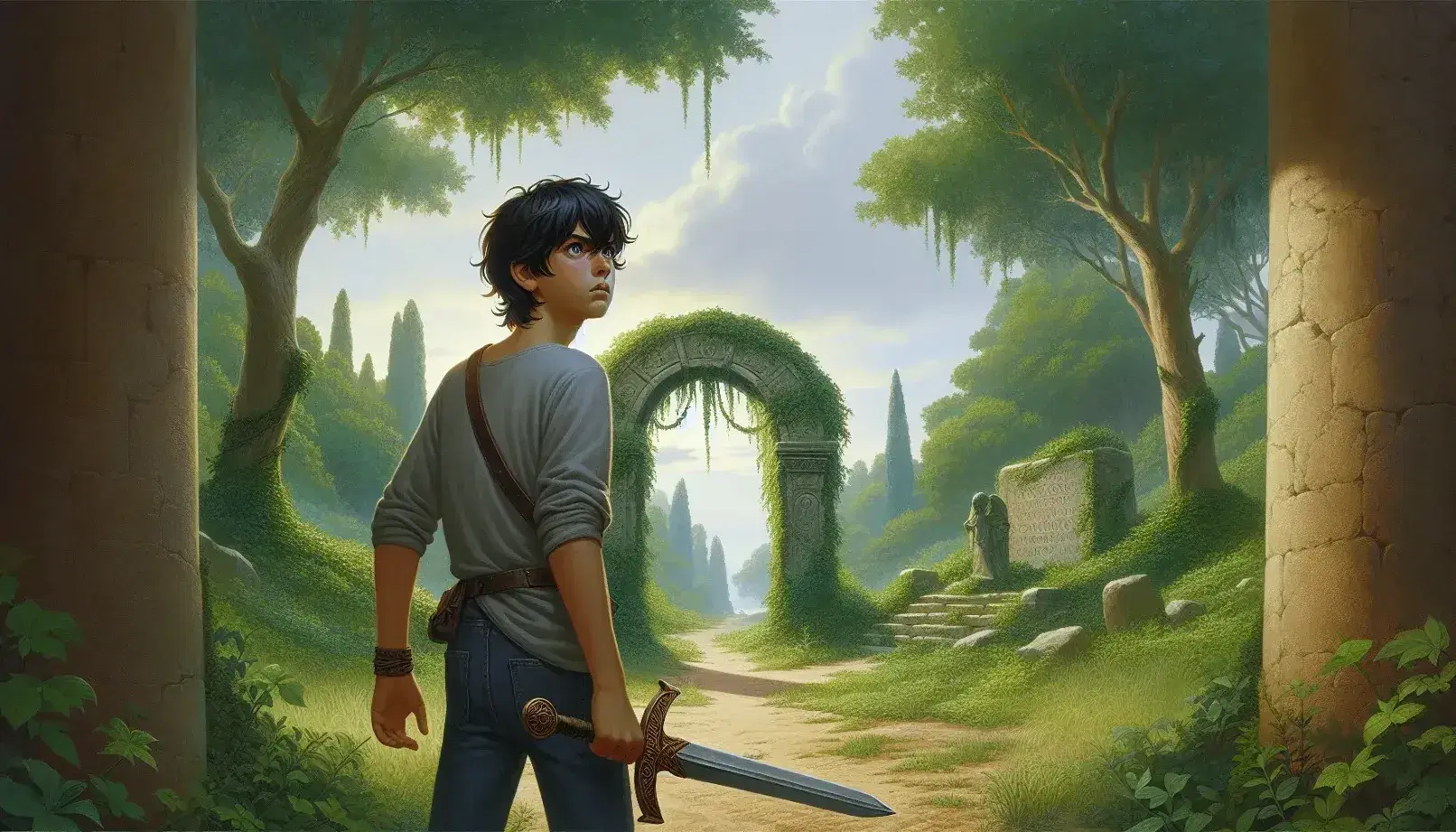 Ragazzo con spada di bronzo antico in mano su sentiero naturale con arco di pietra e vegetazione rigogliosa.