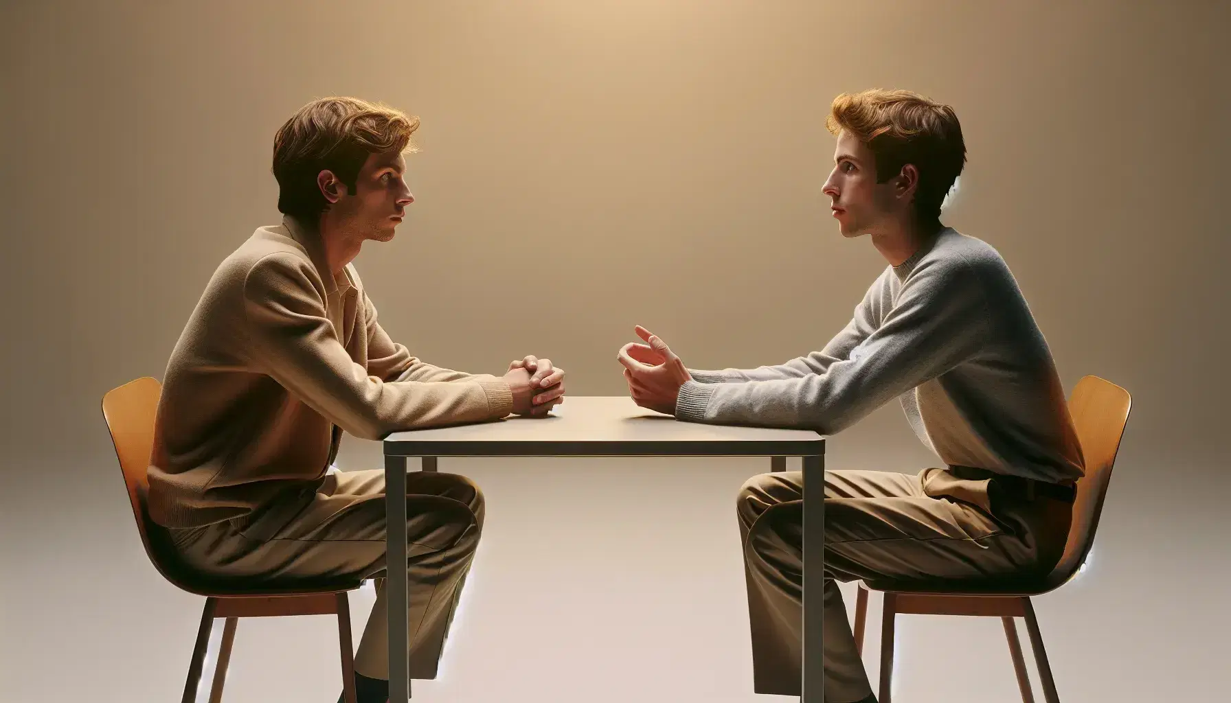 Dos personas sentadas frente a frente en una conversación atenta, en un entorno neutro y bien iluminado, con una mesa clara entre ellas.