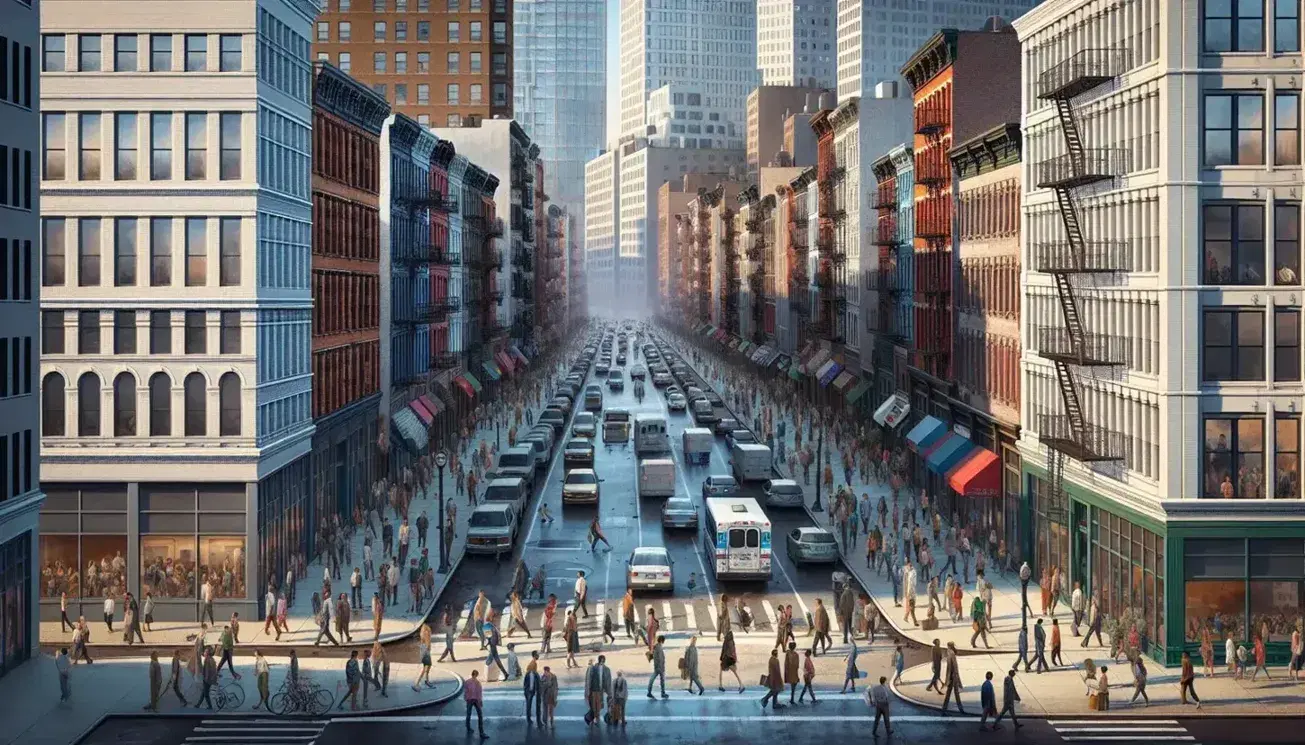 Vibrant urban street scene with diverse pedestrians on sidewalk, modern cars in motion, varied architecture, and a green park under a clear blue sky.
