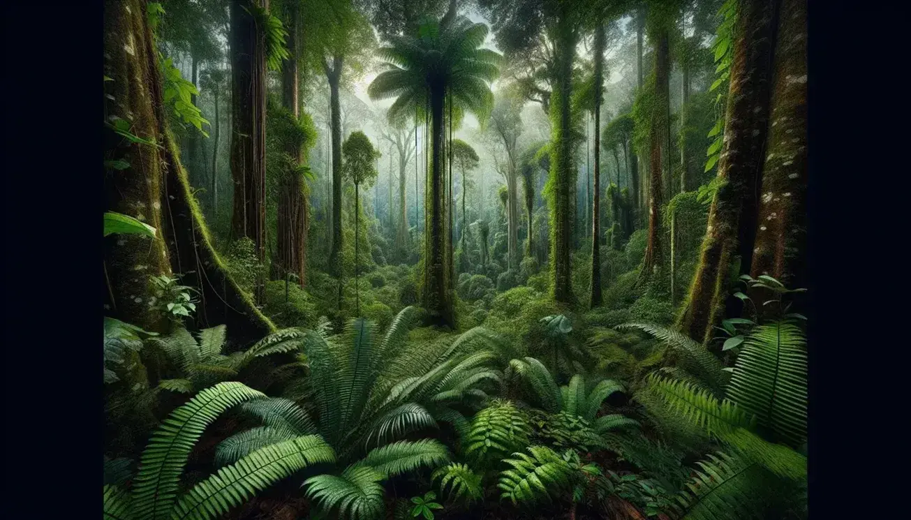 Vista panorámica de un bosque tropical húmedo con helechos verdes, árboles altos, lianas y plantas epífitas en un ecosistema cerrado.