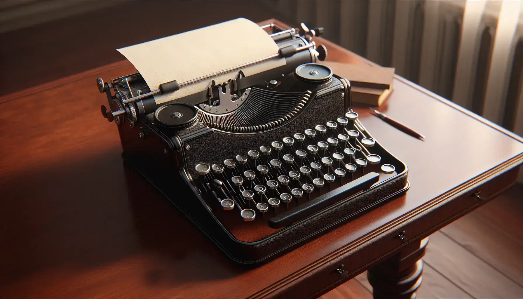 Vintage black typewriter on a wooden desk with a blank sheet of paper, against a backdrop of a bookshelf with hardcover books in soft lighting.