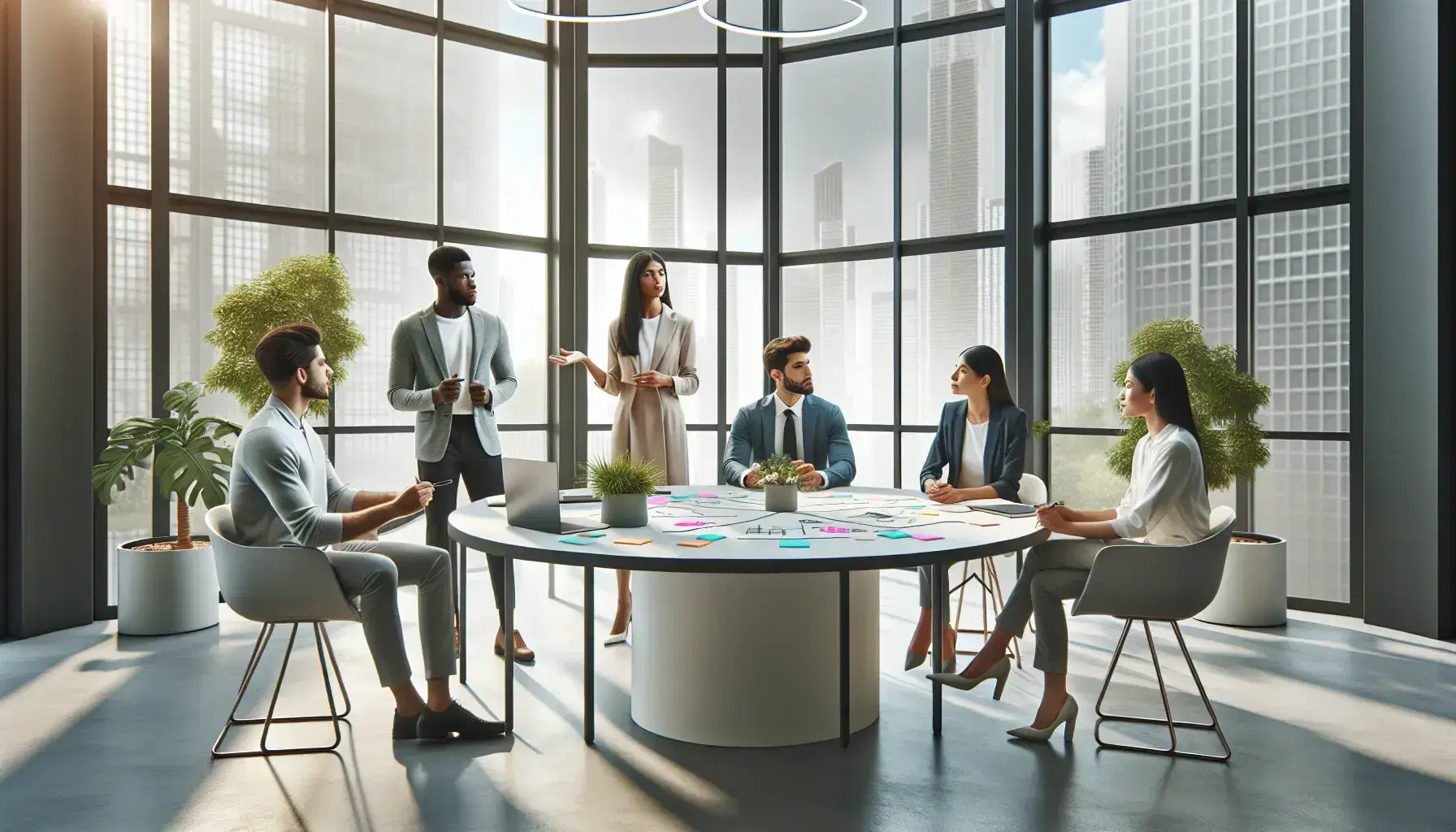 Diverse team collaborates in a bright office, with two standing presenting ideas using post-it notes on a table, others seated and taking notes.