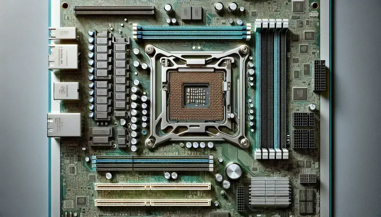 Close-up of a green computer motherboard with empty CPU socket, parallel RAM slots and I/O ports, with no visible branding.