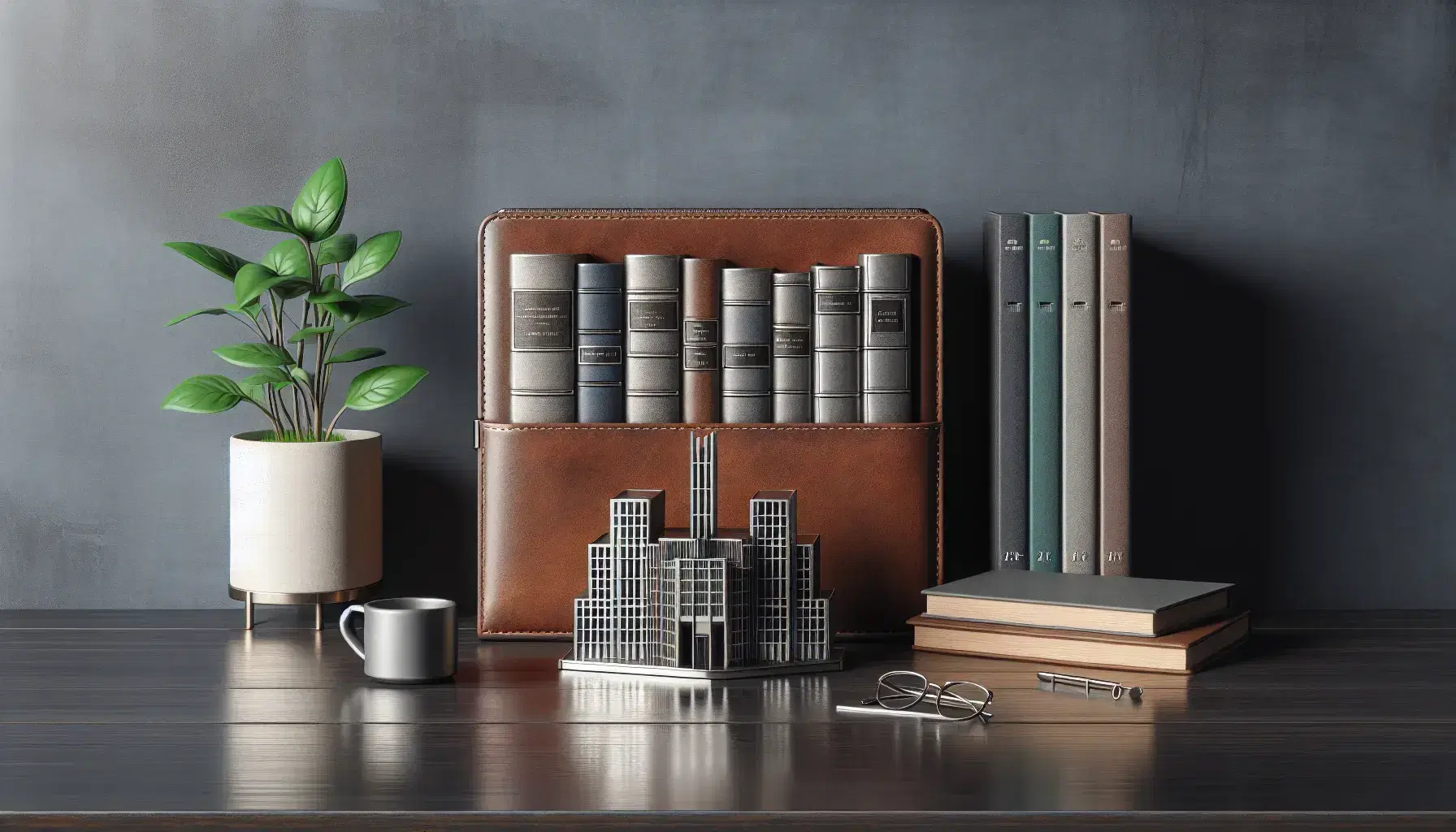 Escritorio de madera oscura con portafolio de cuero, modelo de edificio metálico, planta en maceta blanca, libros apilados, taza humeante y gafas.