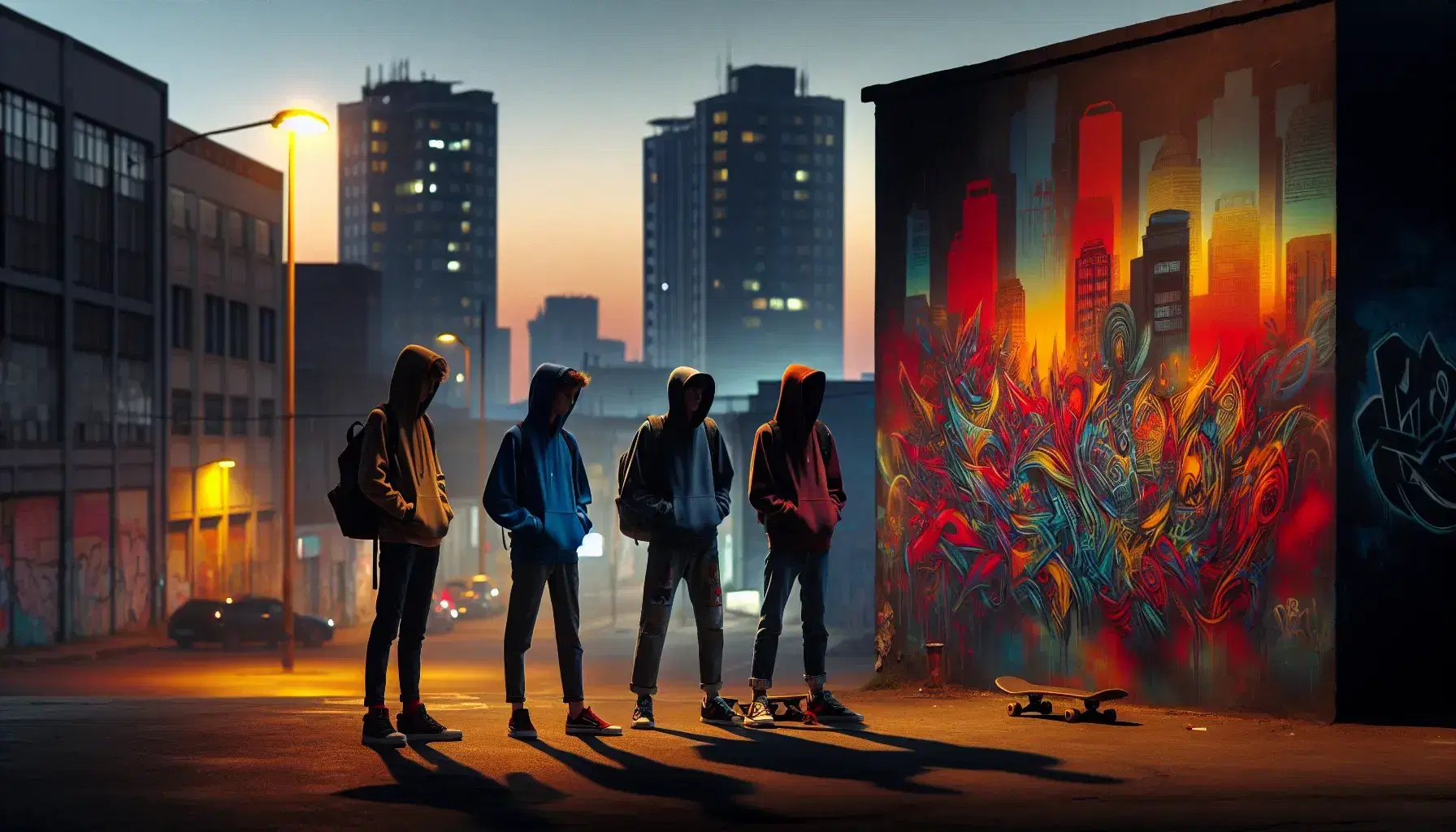 Three teenagers in casual clothes gather on an urban street at dusk, with colorful graffiti in the background and streetlights lit.