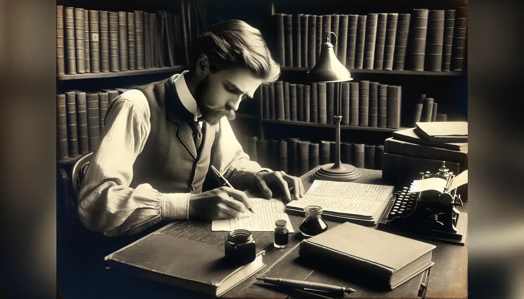 Vintage photograph of a focused man writing with a fountain pen at a wooden desk, surrounded by books and an inkwell, in an early 20th-century setting.