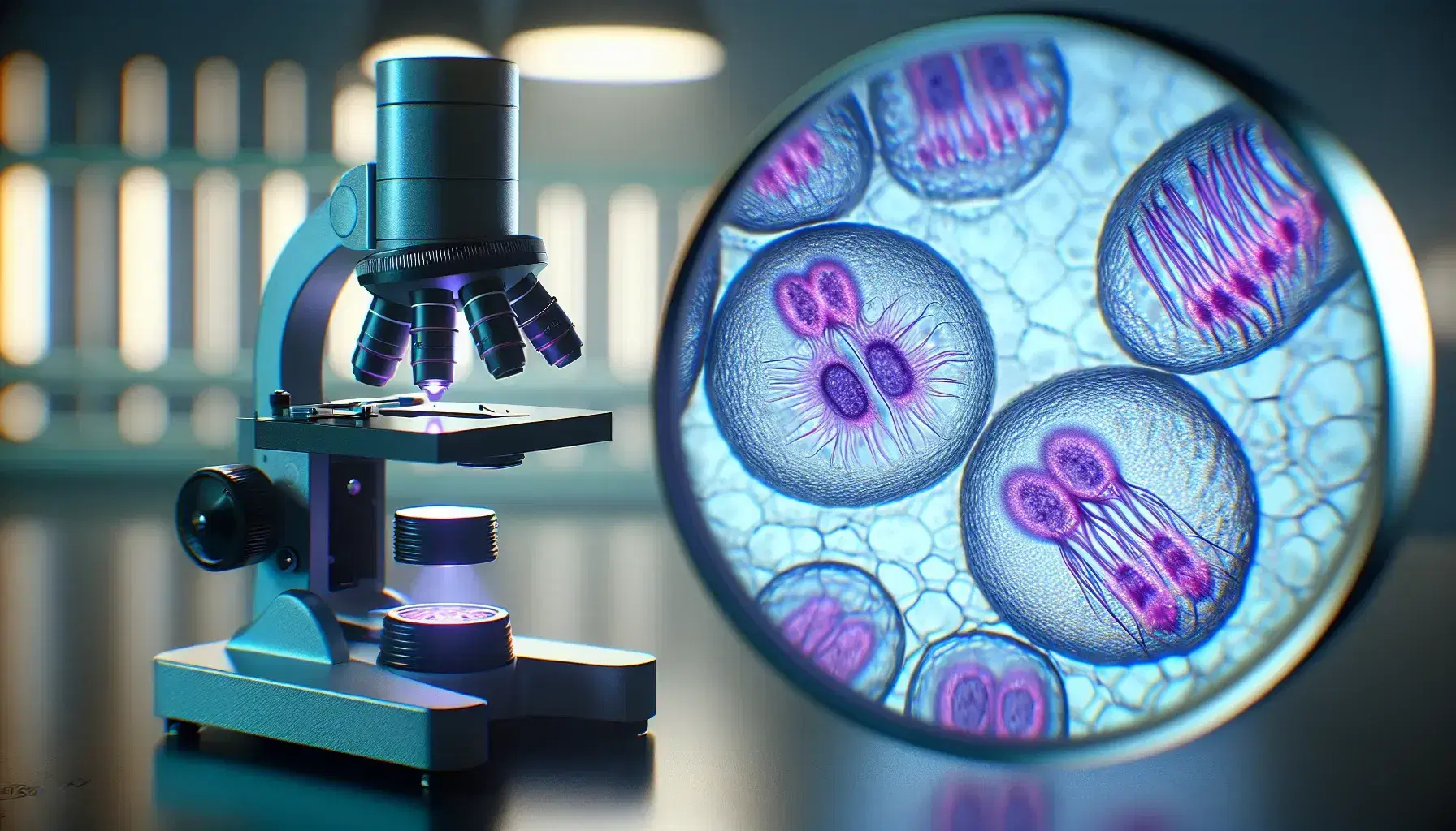 Microscope slide with cells in meiosis II stages—metaphase, anaphase, telophase, and final haploid cells—highlighted by purple dye in a lab setting.