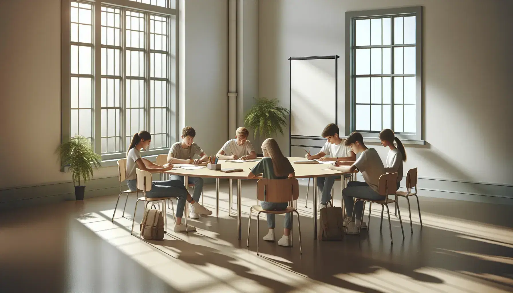 Aula luminosa con estudiantes alrededor de una mesa redonda de madera, trabajando en grupo, con hojas y lápices, junto a una pizarra blanca y planta verde.