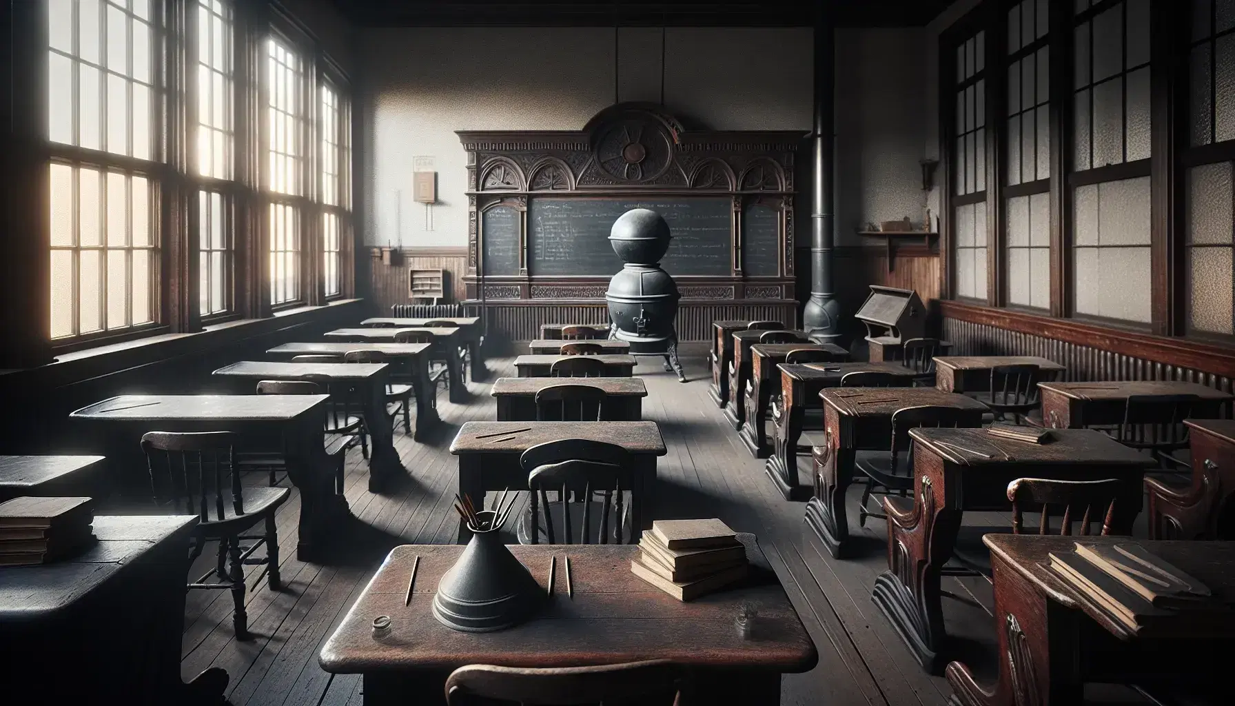 Aula antigua con pupitres de madera, pizarra grande sin escribir, estufa de hierro y globo terráqueo sobre un escritorio de profesor.