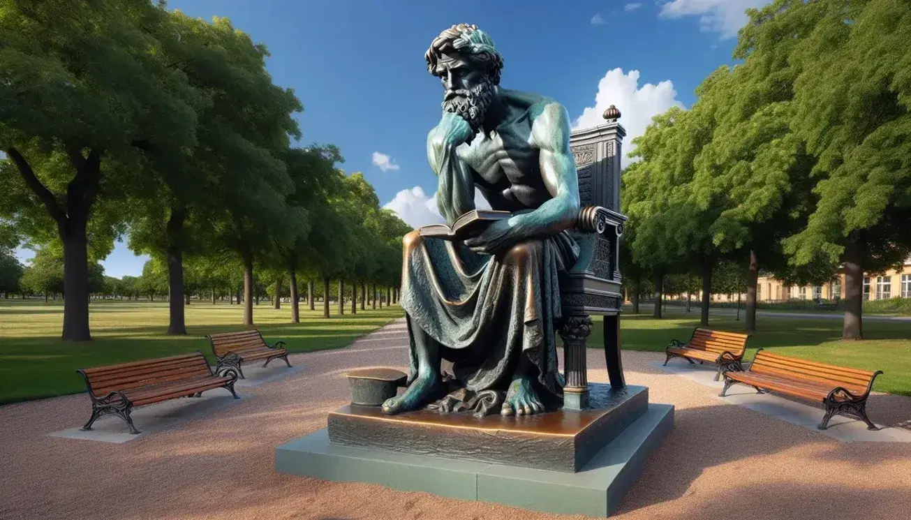 Estatua de bronce de hombre barbudo pensativo sentado en silla ornamentada en parque público, rodeado de árboles y caminos de grava bajo cielo azul.