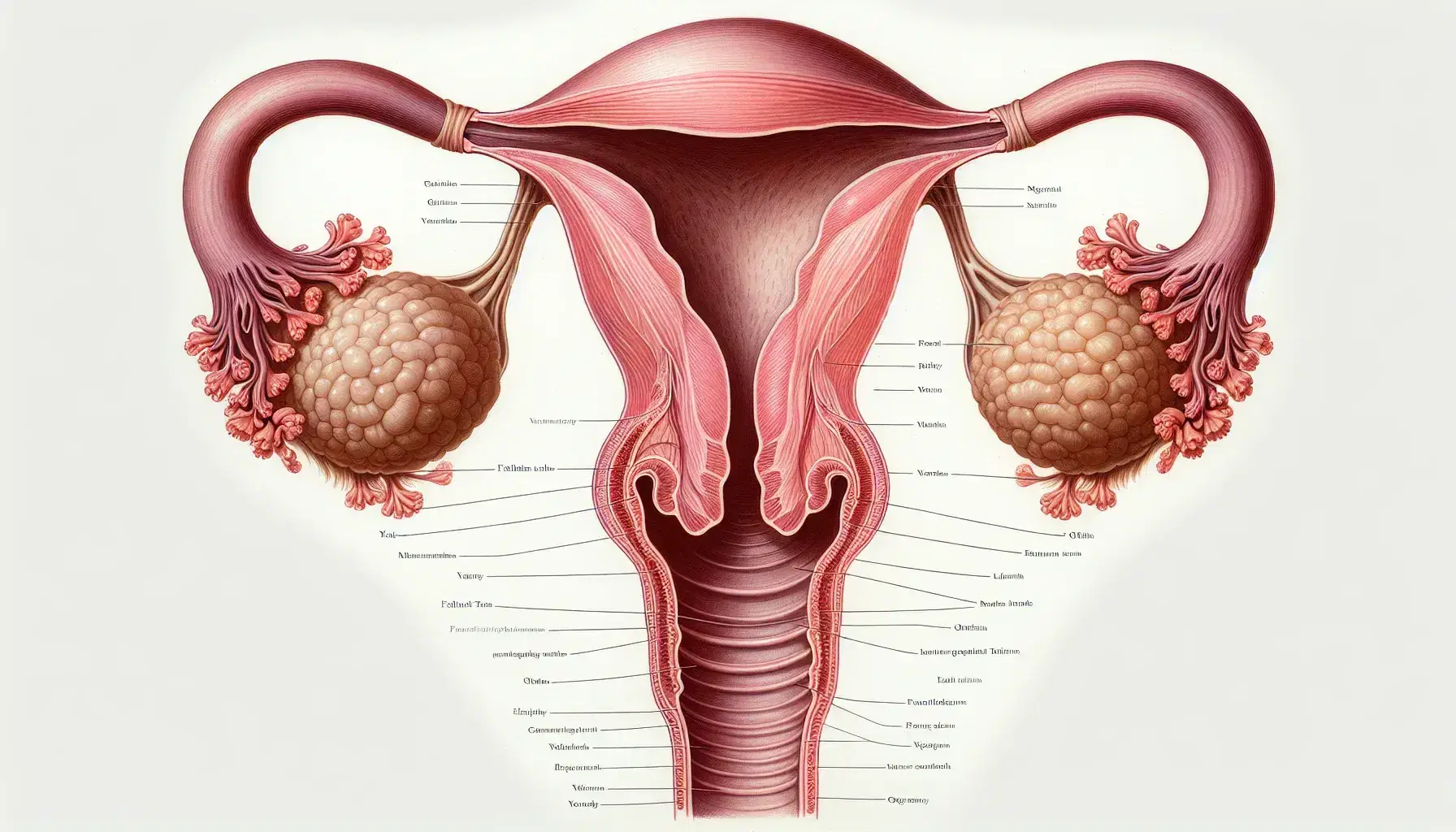 Ilustración detallada del sistema reproductor femenino con útero, trompas de Falopio, ovarios y vagina en vista frontal, sobre fondo neutro.