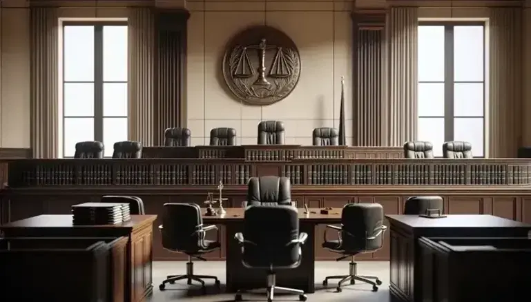 Aula di tribunale vuota con banco del giudice, sedie ergonomiche nere, scrivanie ordinate e simbolo della giustizia sul muro.