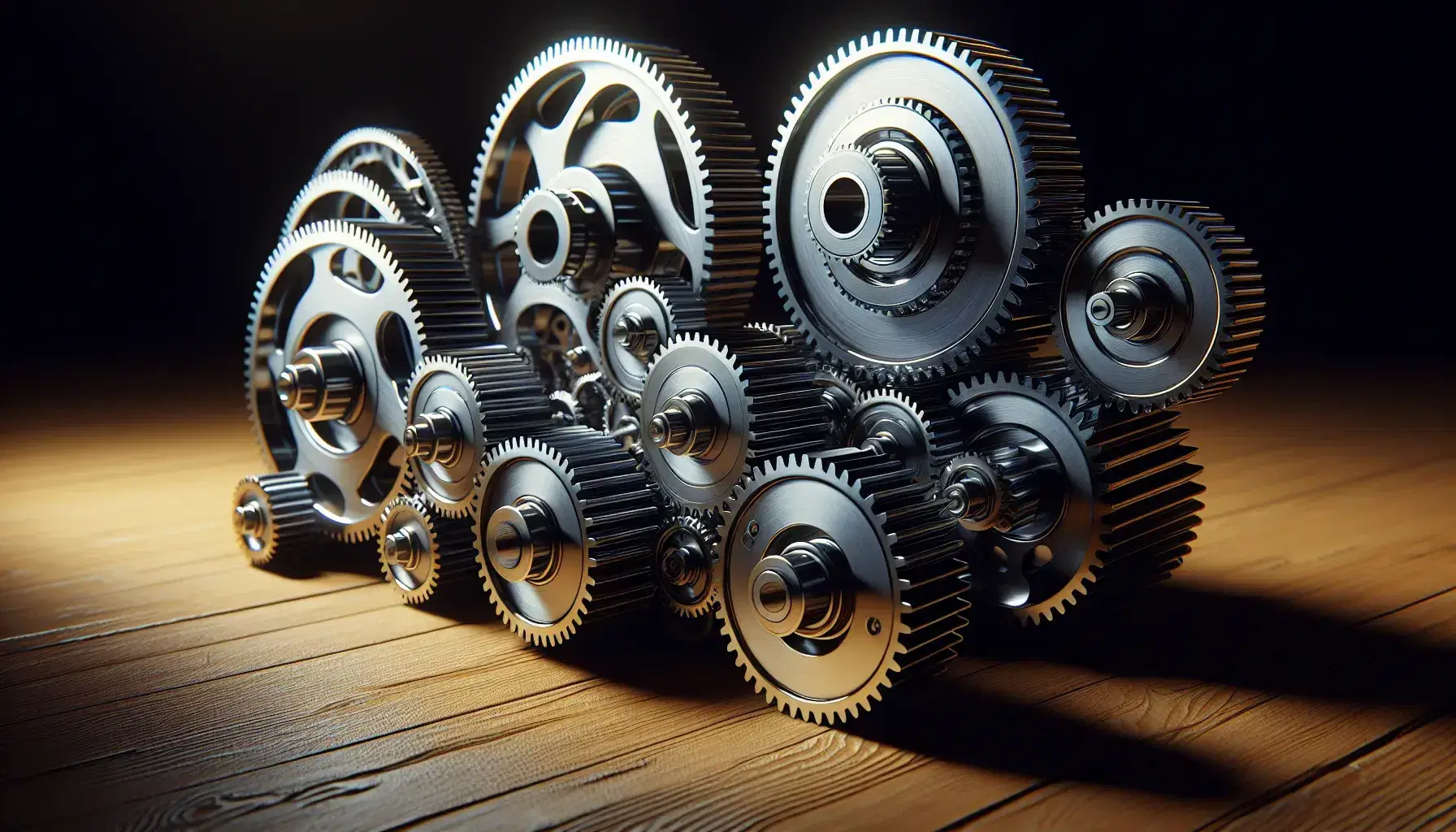 Ingranaggi meccanici metallici interconnessi su sfondo in legno, con riflessi e ombre che evidenziano la loro tridimensionalità e interazione.