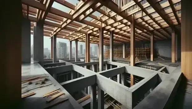 Estructura de madera de techo en construcción con paredes de hormigón reforzado y vista parcial de la ciudad bajo un cielo azul.