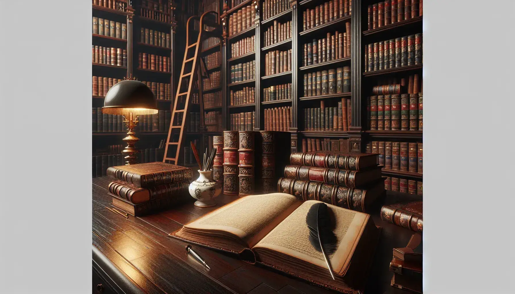 Biblioteca antigua con estantes de madera oscura llenos de libros encuadernados en cuero, pluma negra junto a tintero de porcelana sobre mesa y lámpara de pie.