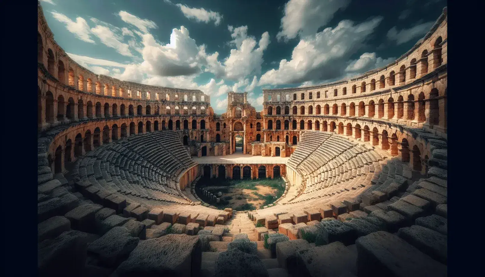 Anfiteatro romano antiguo en ruinas con arcos y asientos de piedra bajo cielo azul con nubes, rodeado de vegetación sin presencia de personas.