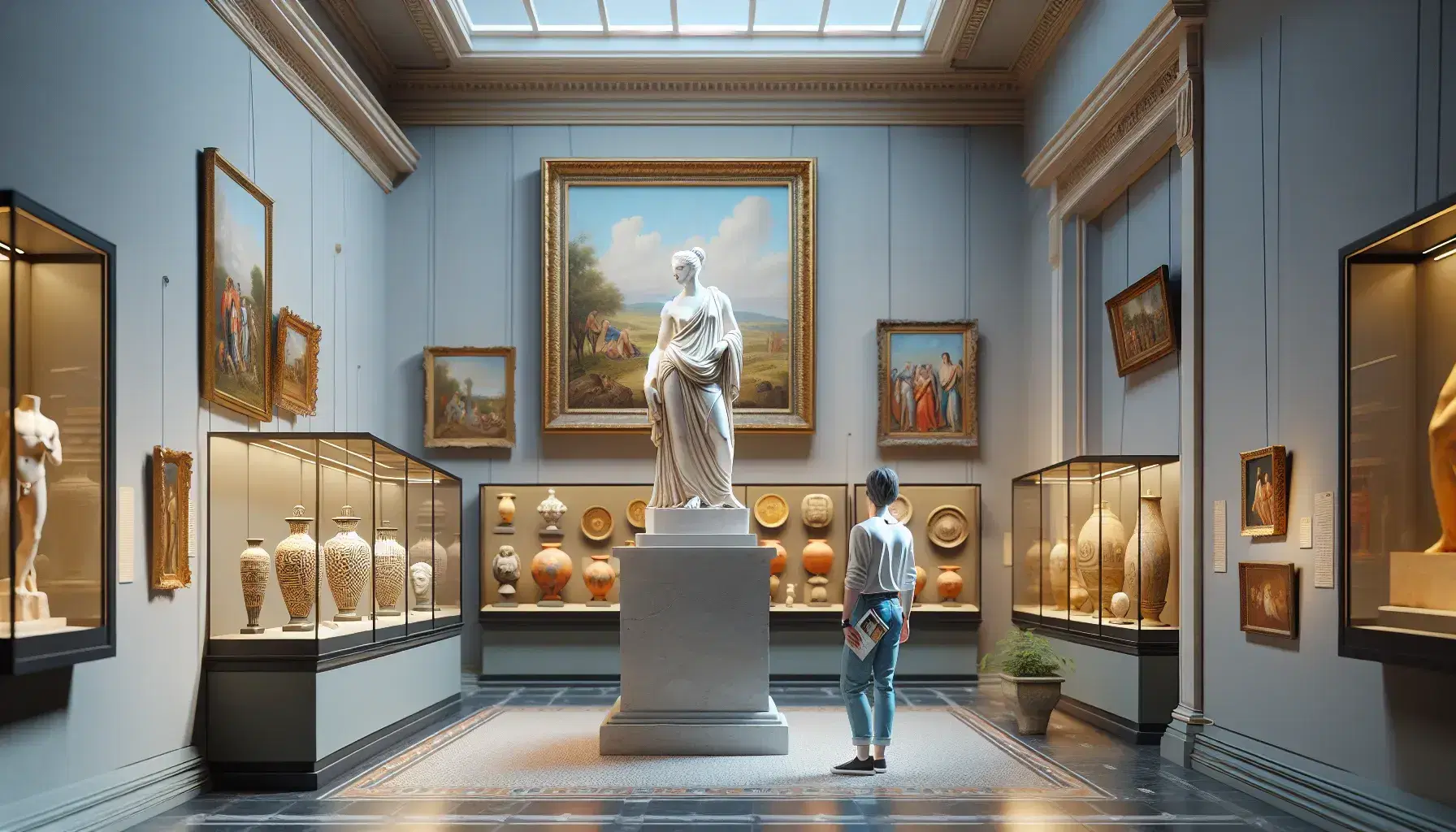 Statua in marmo bianco di figura classica su piedistallo grigio in museo, con quadri incorniciati e vetrina di antichità, visitatore osserva.