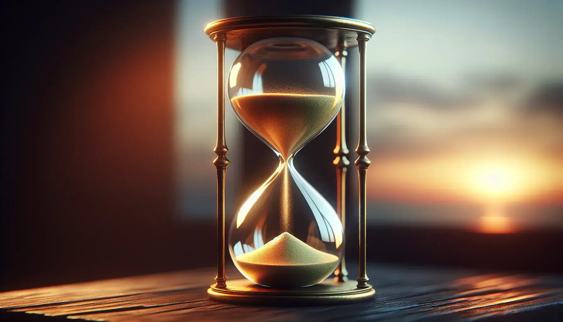 Antique hourglass with golden sand flowing between glass bulbs, set against a warm sky gradient, on a reflective wooden surface.