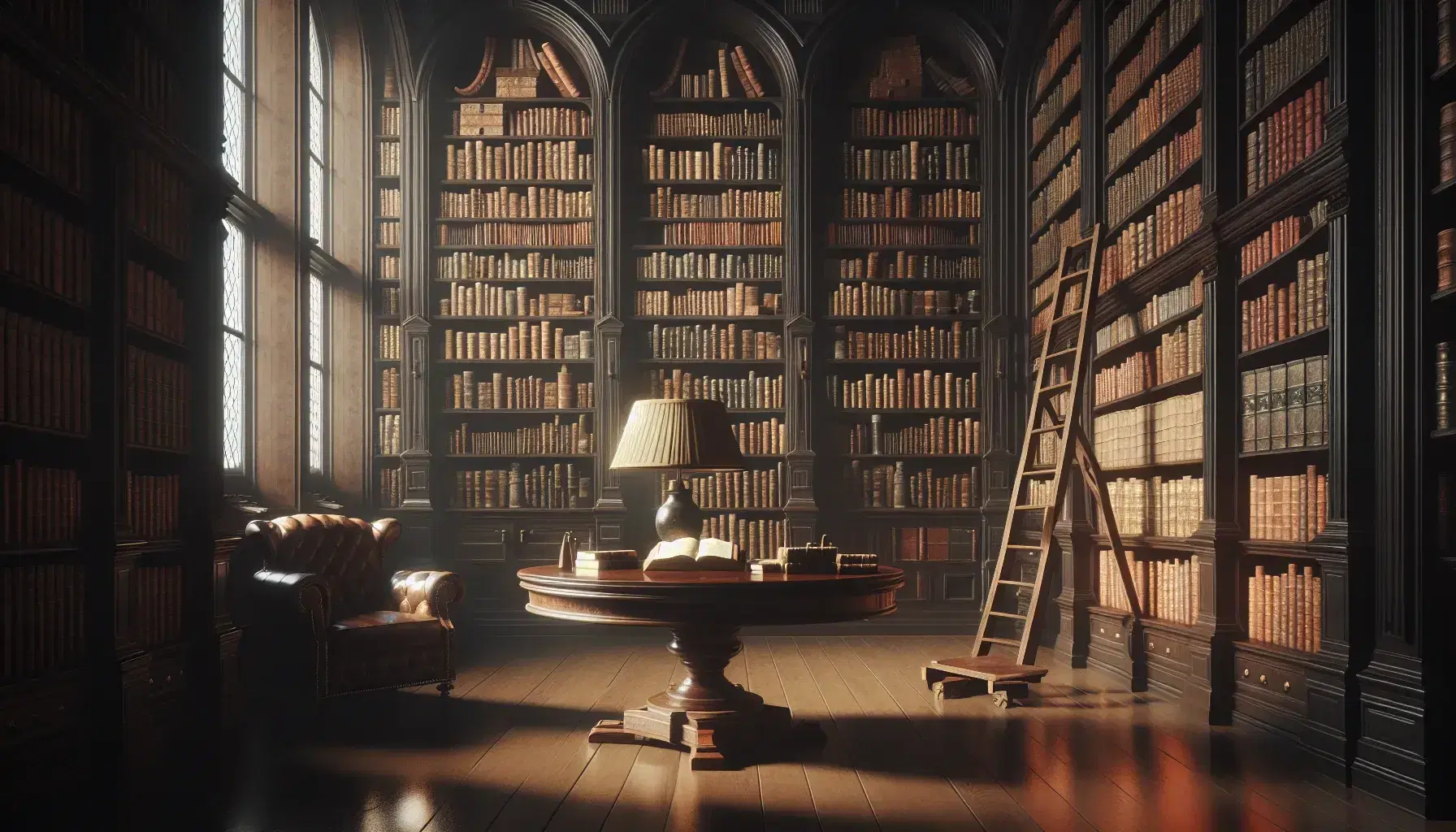 Biblioteca antica con scaffali in legno scuro pieni di libri rilegati, tavolo ovale con volumi aperti, scala e poltrona in pelle.
