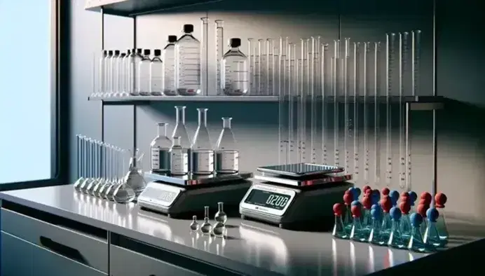 Strumenti di misurazione volumetrica in laboratorio con bilancia analitica, pesi calibrati, cilindri graduati e pipette con bulbi colorati su banco di lavoro.