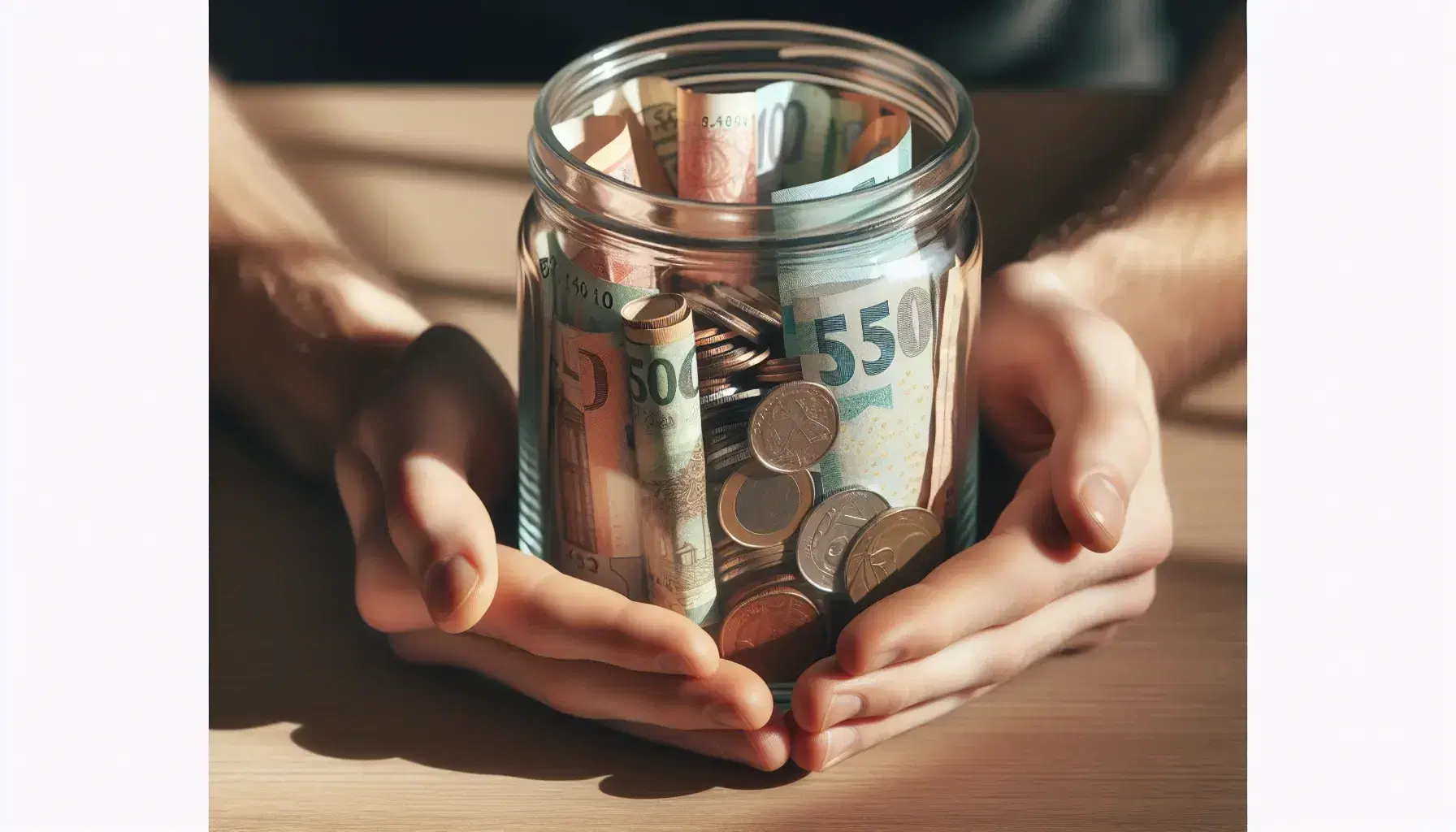 Hands cradling a glass jar filled with colorful folded currency notes and scattered coins on a wooden table, highlighting savings concept.
