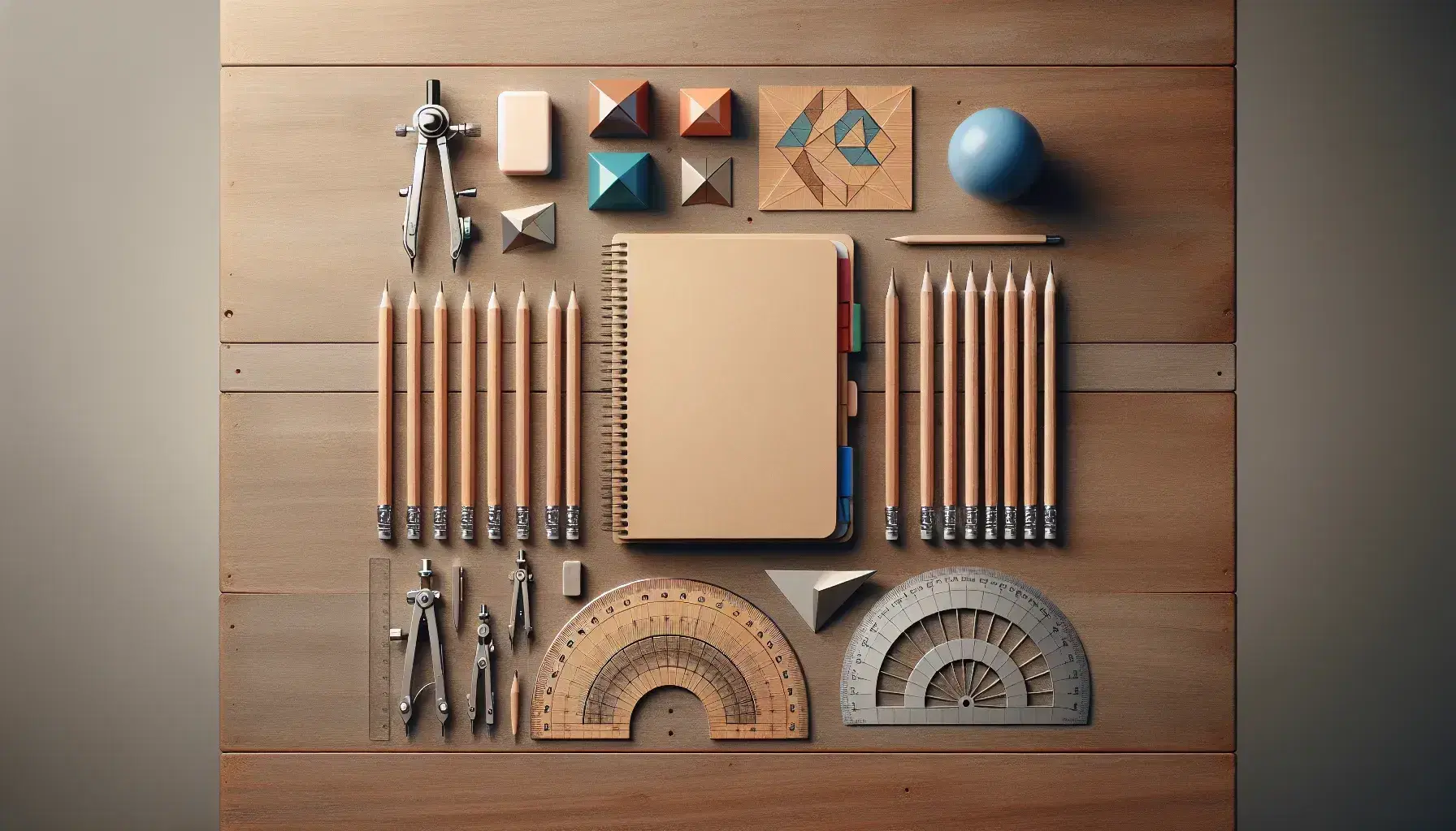 Wooden desk with open notebook, compass, protractor, sharp pencils, eraser and colorful geometric shapes.