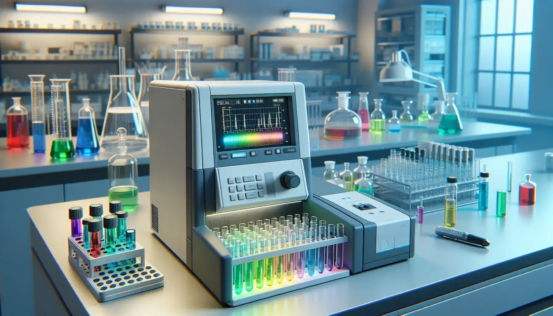 Laboratorio científico con espectrofluorímetro moderno y tubos de ensayo con líquidos fluorescentes en un soporte transparente, sin personas.