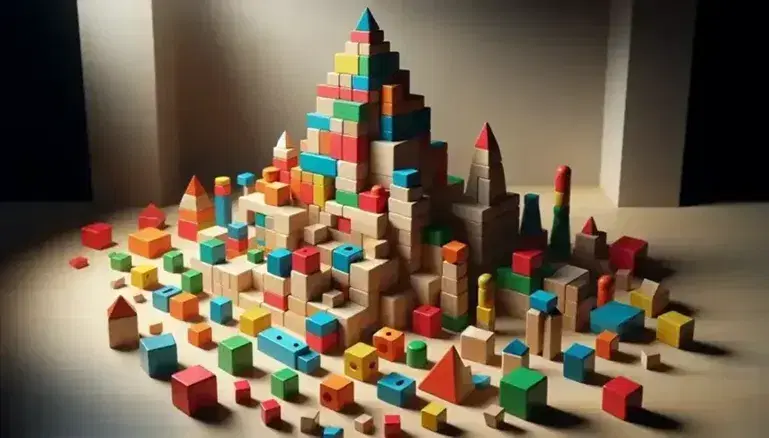 Bloques de madera de colores y formas geométricas variadas, incluyendo cubos y cilindros, formando una torre central con sombras suaves sobre superficie clara.
