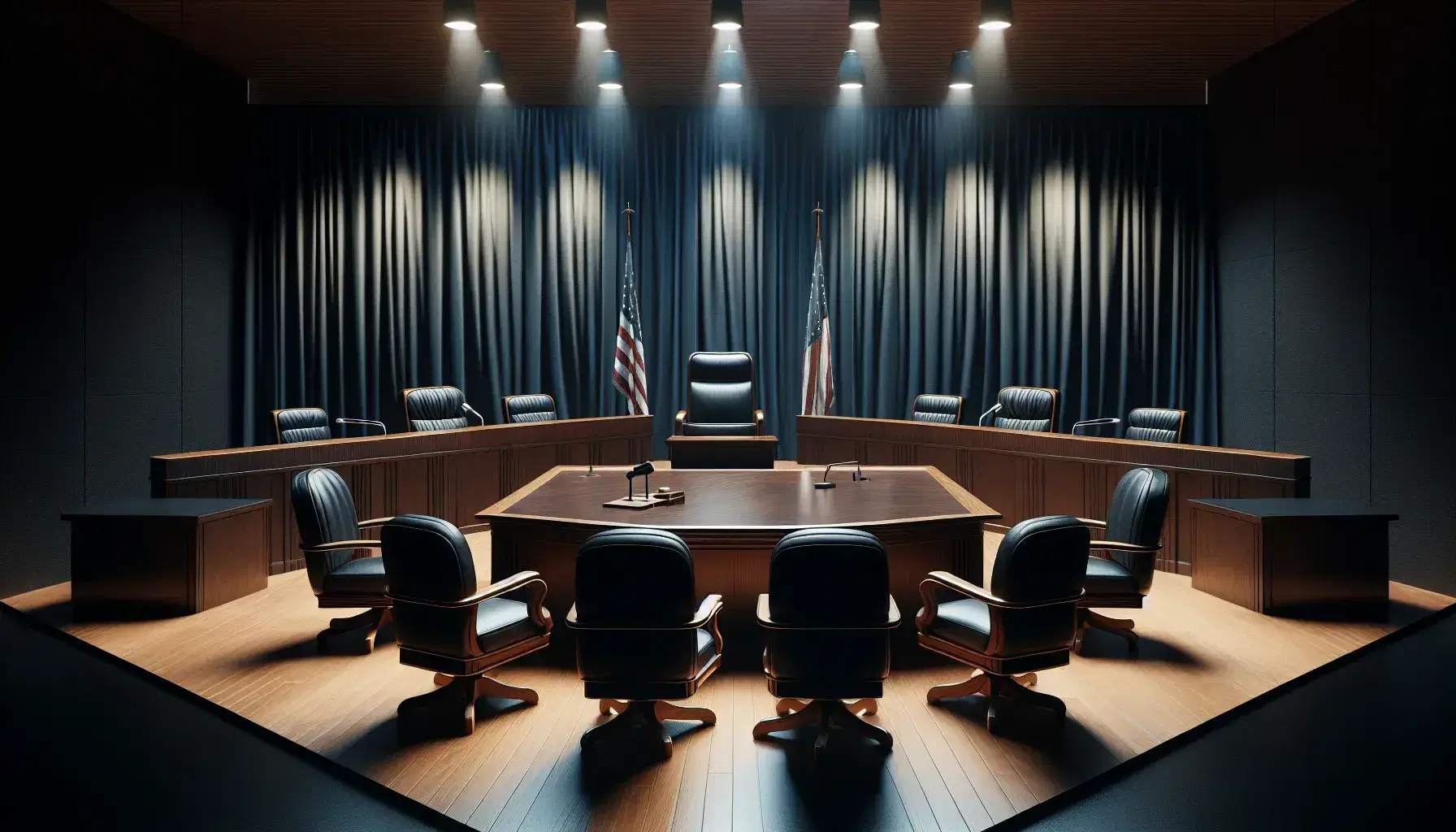 Sala de tribunal con mesa de madera oscura, sillas con cojines negros, estrado con silla de juez, bandera sin símbolos y cortinas azules.
