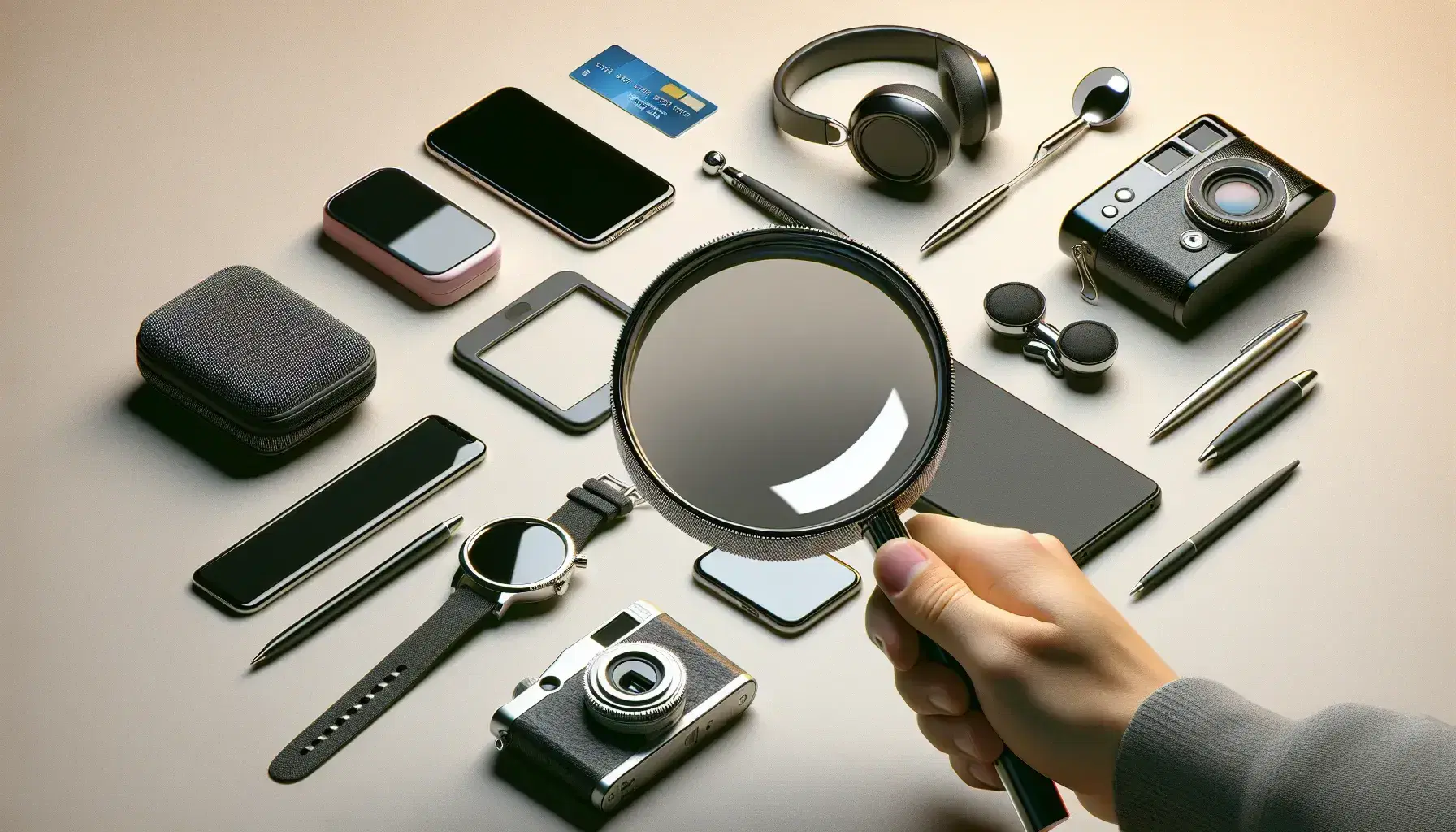Hand holding magnifying glass over smartphone, smartwatch, digital camera, headphones, and credit card on light surface, highlighting product details.