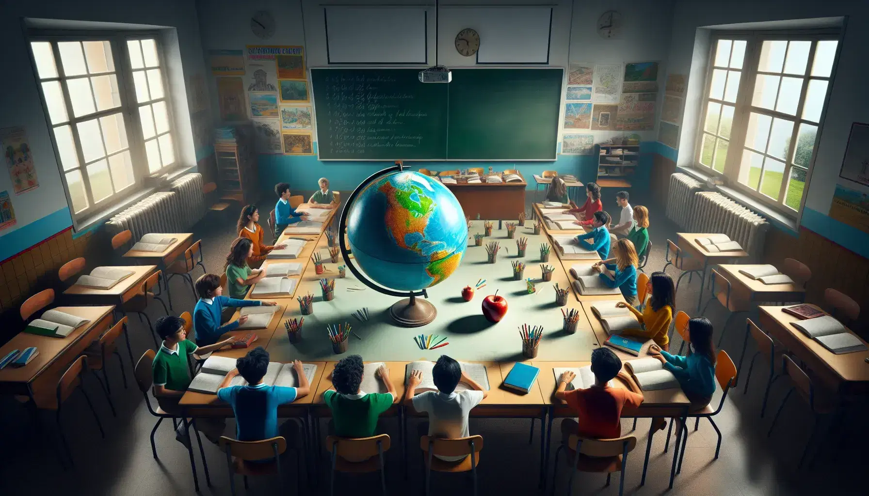 Aula scolastica italiana con studenti intorno a un tavolo con libri, mela rossa e globo, sedie in legno scuro e lavagna verde vuota.