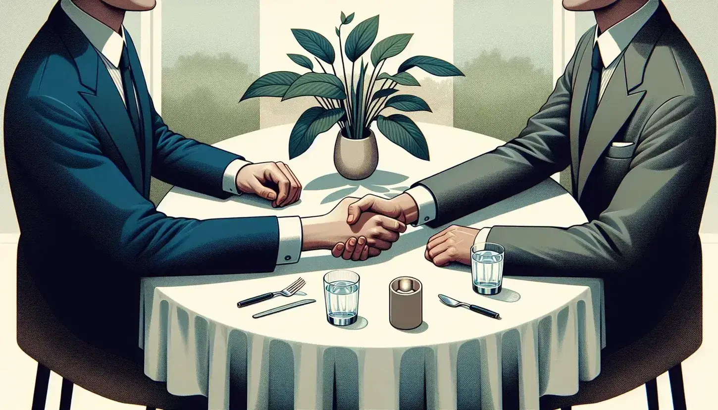 Two professionals in suits shaking hands over a round table with a white cloth, glasses of water, and a green plant centerpiece in a blurred background.