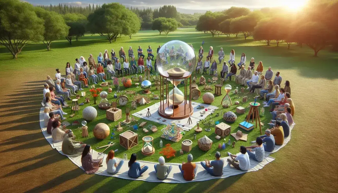 Grupo diverso de personas sentadas en círculo en un parque con objetos en el centro, como esfera de cristal, reloj de arena, compás y bloques de madera, rodeados de naturaleza en día despejado.