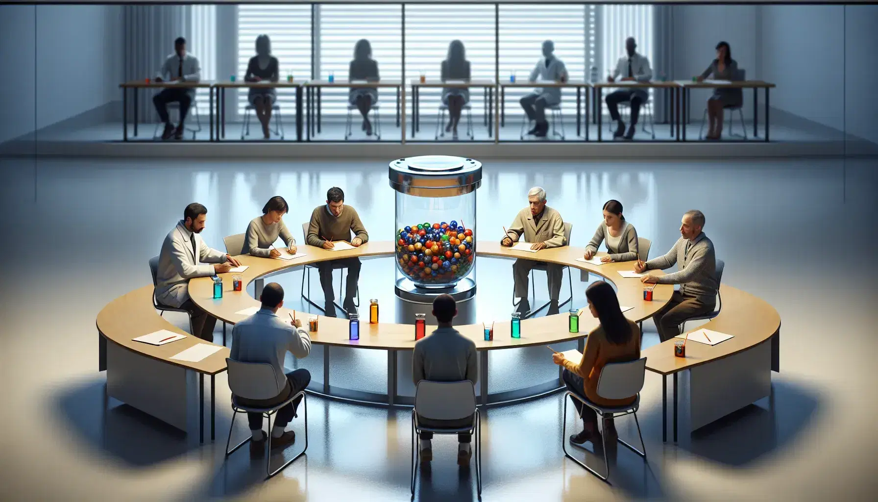 Group of diverse people sitting around a circular table in the laboratory, focused on papers and pencils, with jar of colored marbles in the center.
