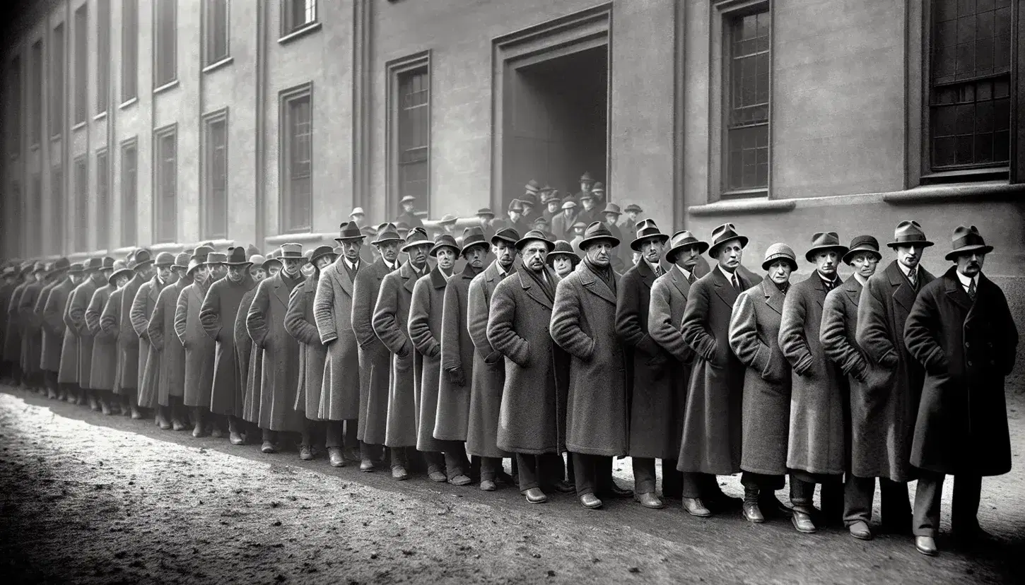 Persone in abiti d'epoca in fila davanti a una mensa pubblica, esprimendo serietà e riflessione, in una foto in bianco e nero.