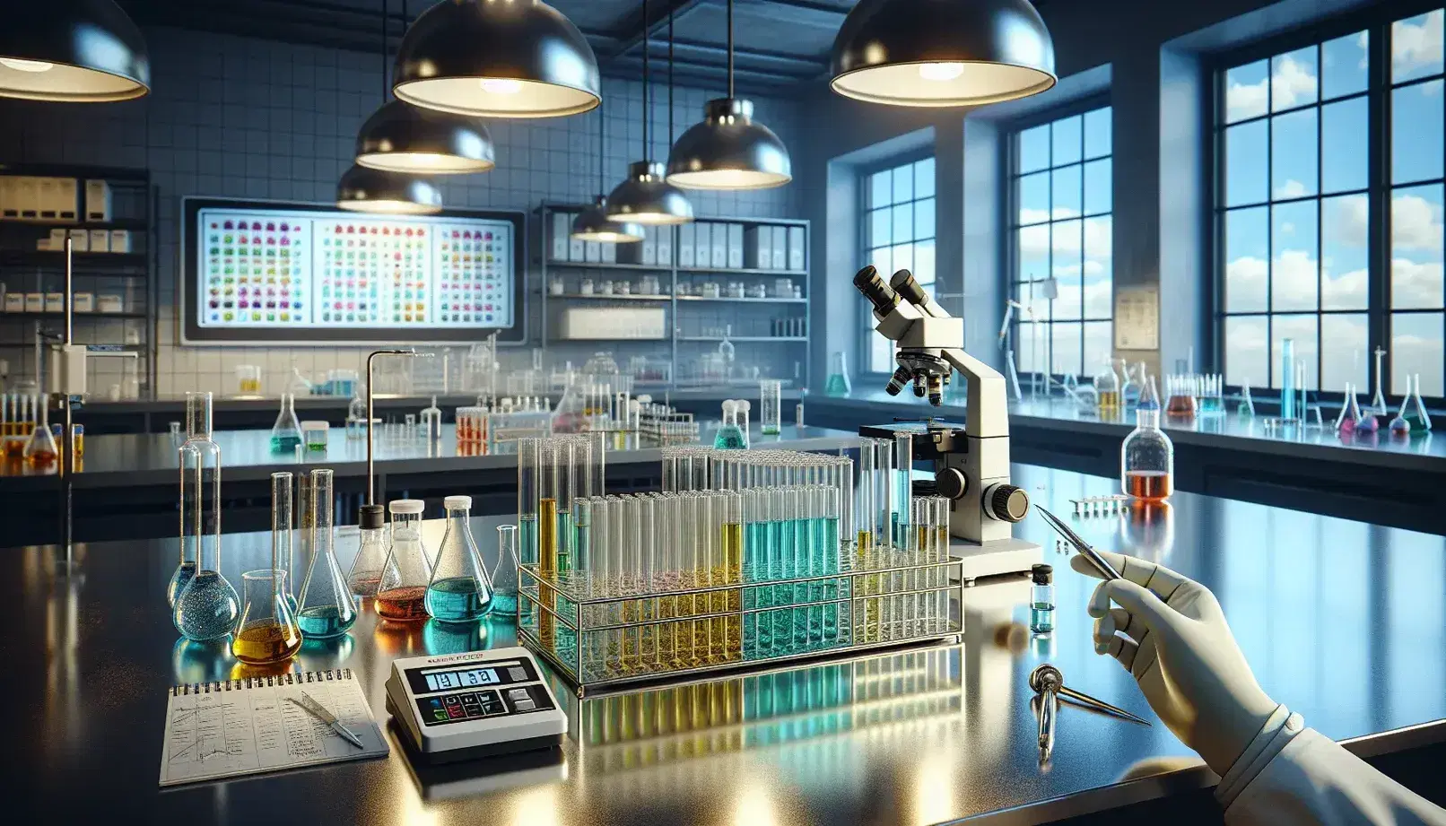 Laboratorio scientifico moderno con tavolo in acciaio, microscopio, bilancia digitale e provette colorate, mano con pipetta e sfondo di cielo azzurro.