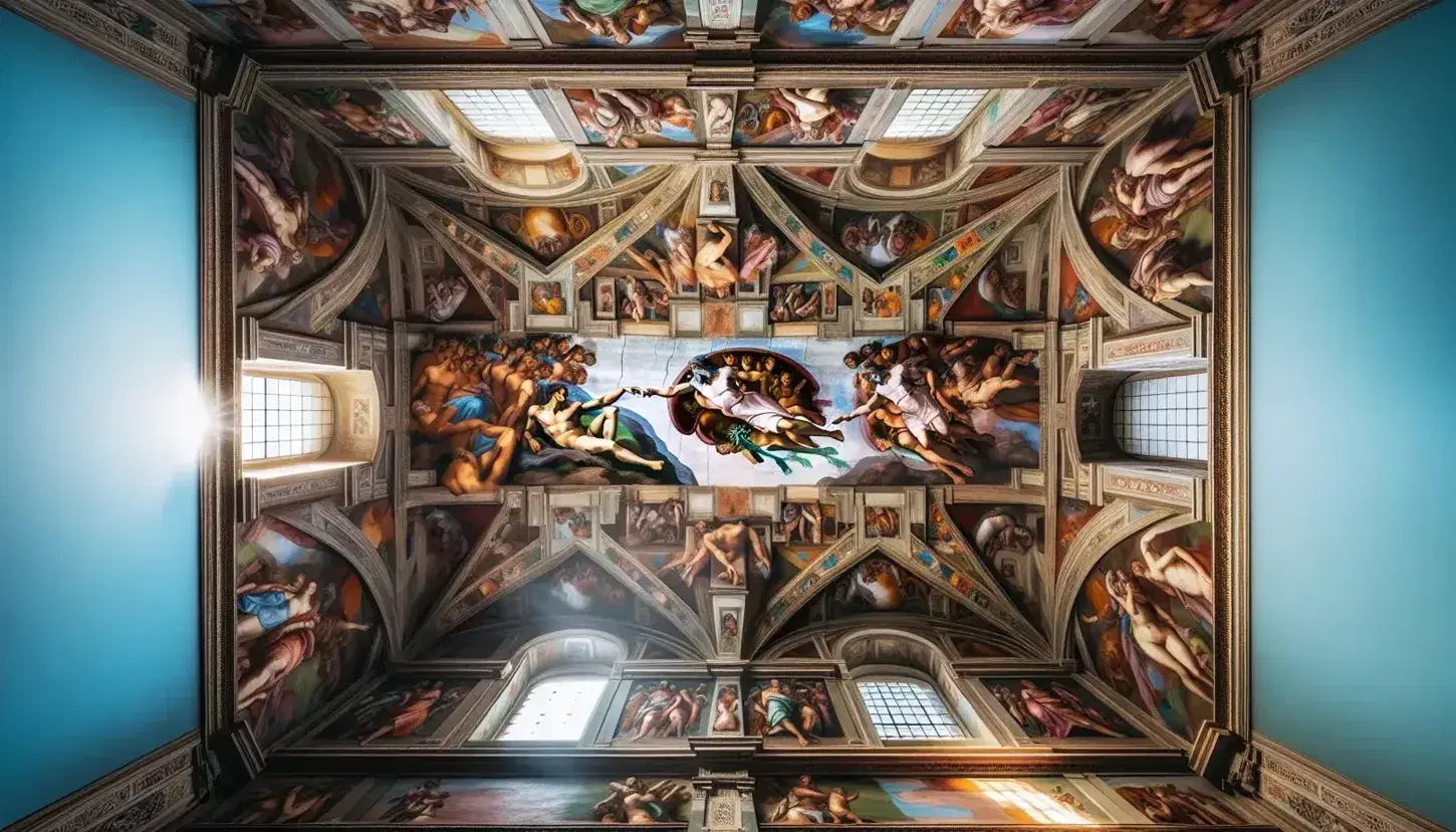 Soffitto affrescato della Cappella Sistina con 'La Creazione di Adamo' di Michelangelo, luci naturali evidenziano dettagli e colori vivaci.