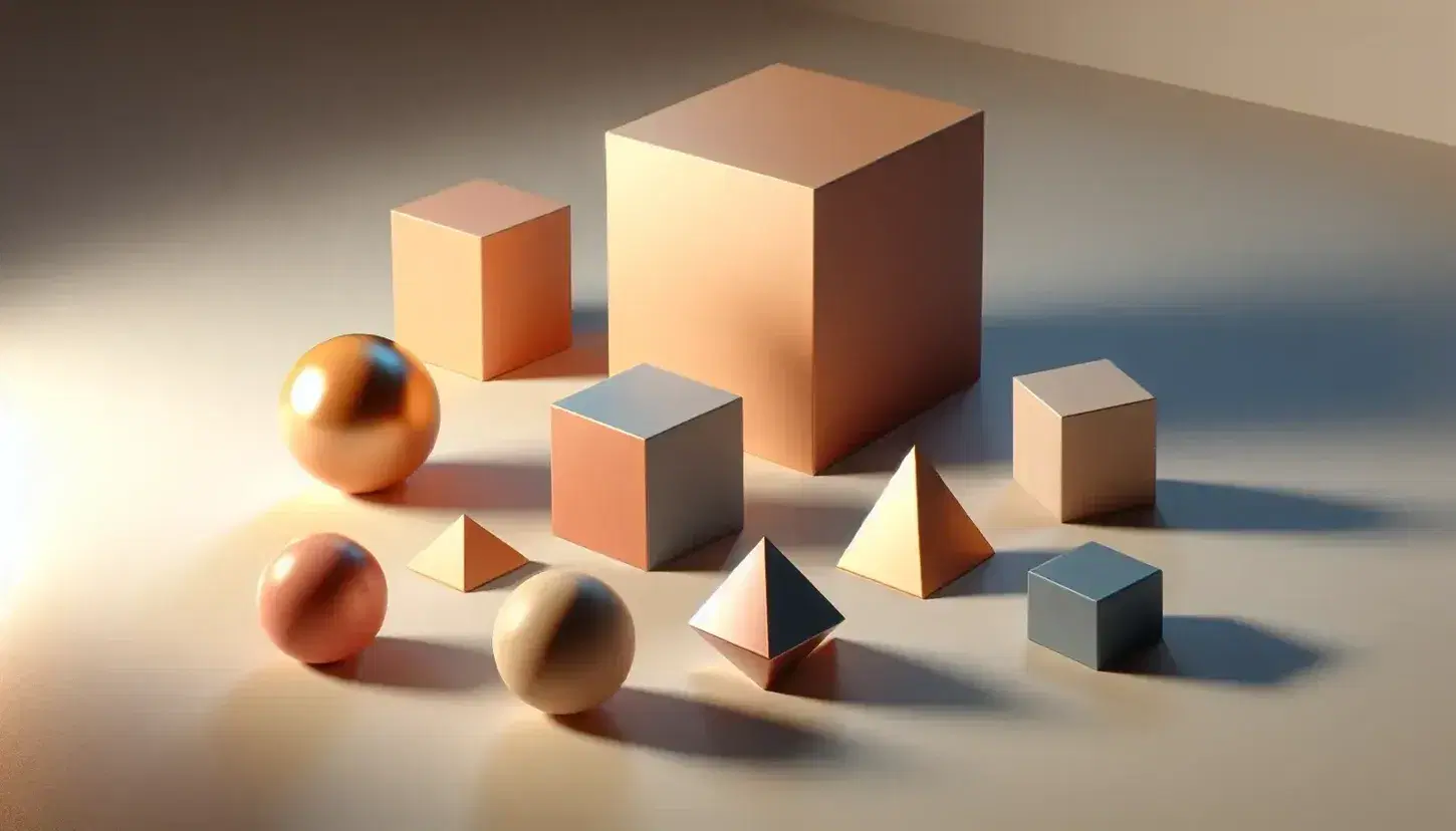 Colección de objetos geométricos tridimensionales con pirámide, cubo, cilindro, esfera y cono en superficie clara, destacando sombras y reflejos de luz.