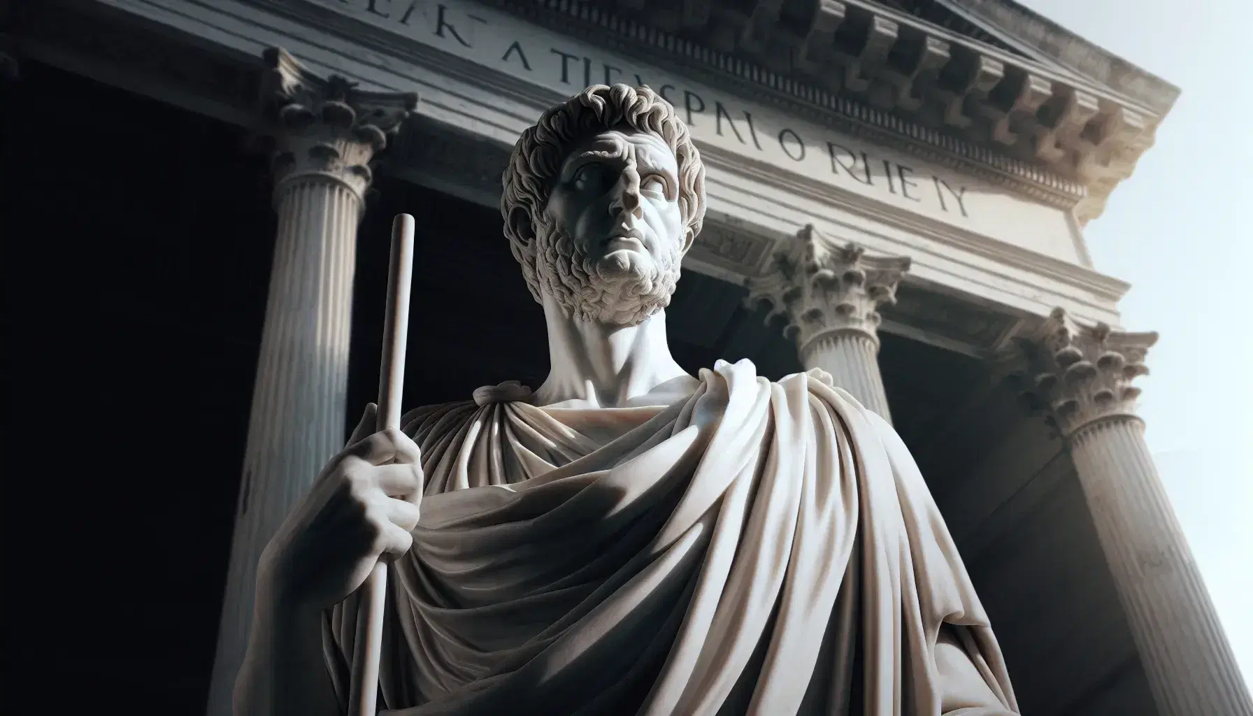 Statua in marmo bianco di figura romana con toga, mano destra alzata in gesto di comando, su sfondo di edificio antico con colonne corinzie.