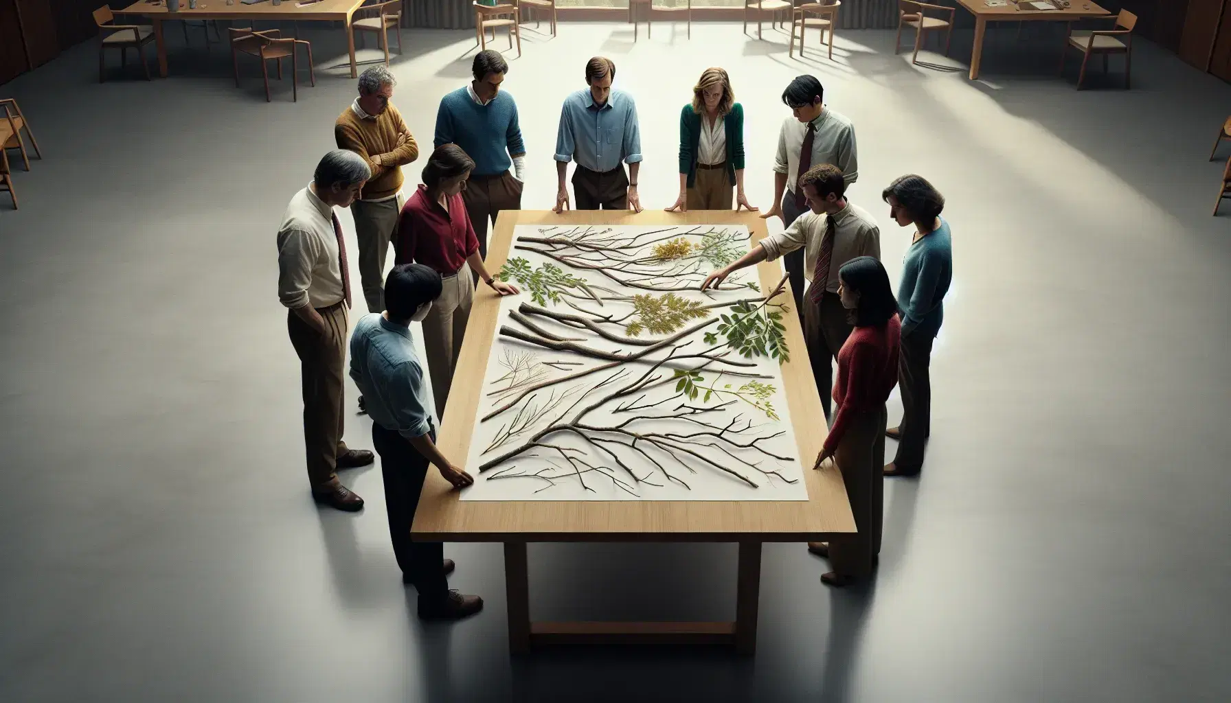Grupo de personas analizando ramas de árboles dispuestas en patrón de diagrama sobre papel en mesa de madera bajo luz natural.