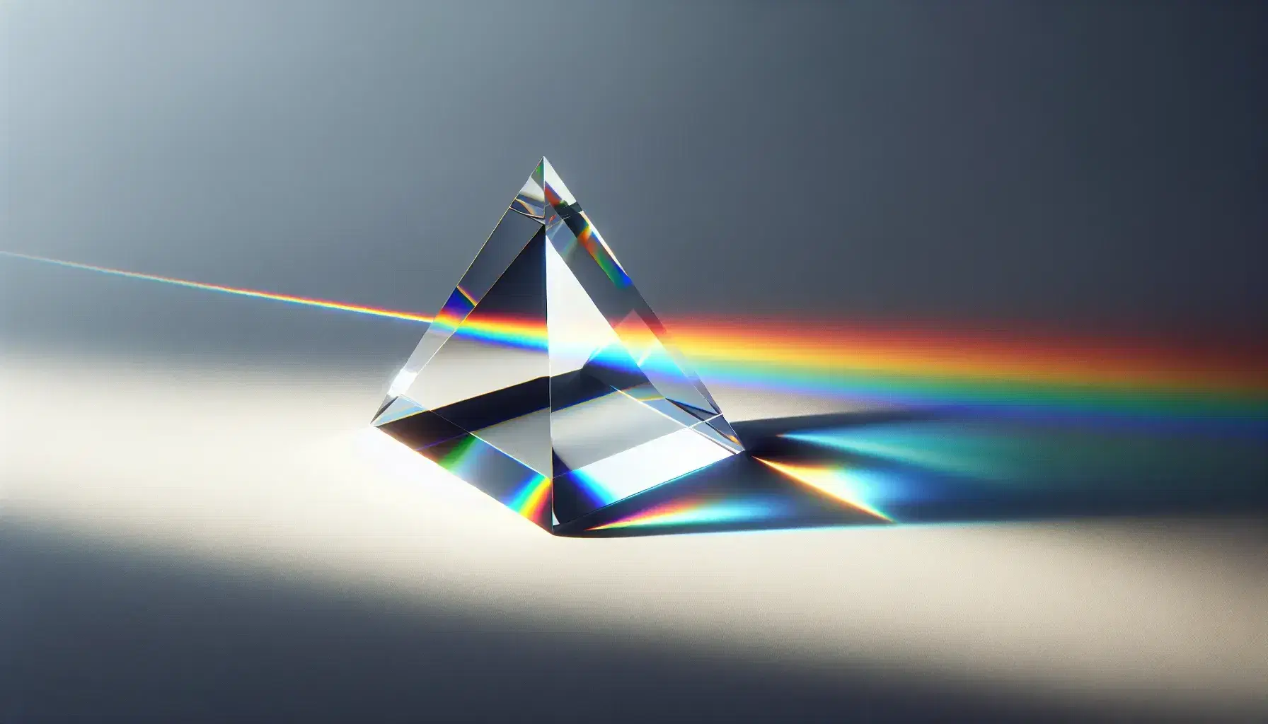 Sunlight refracted through a triangular glass prism on a white surface, displaying a vivid spectrum of colors from red to violet on a gray background.